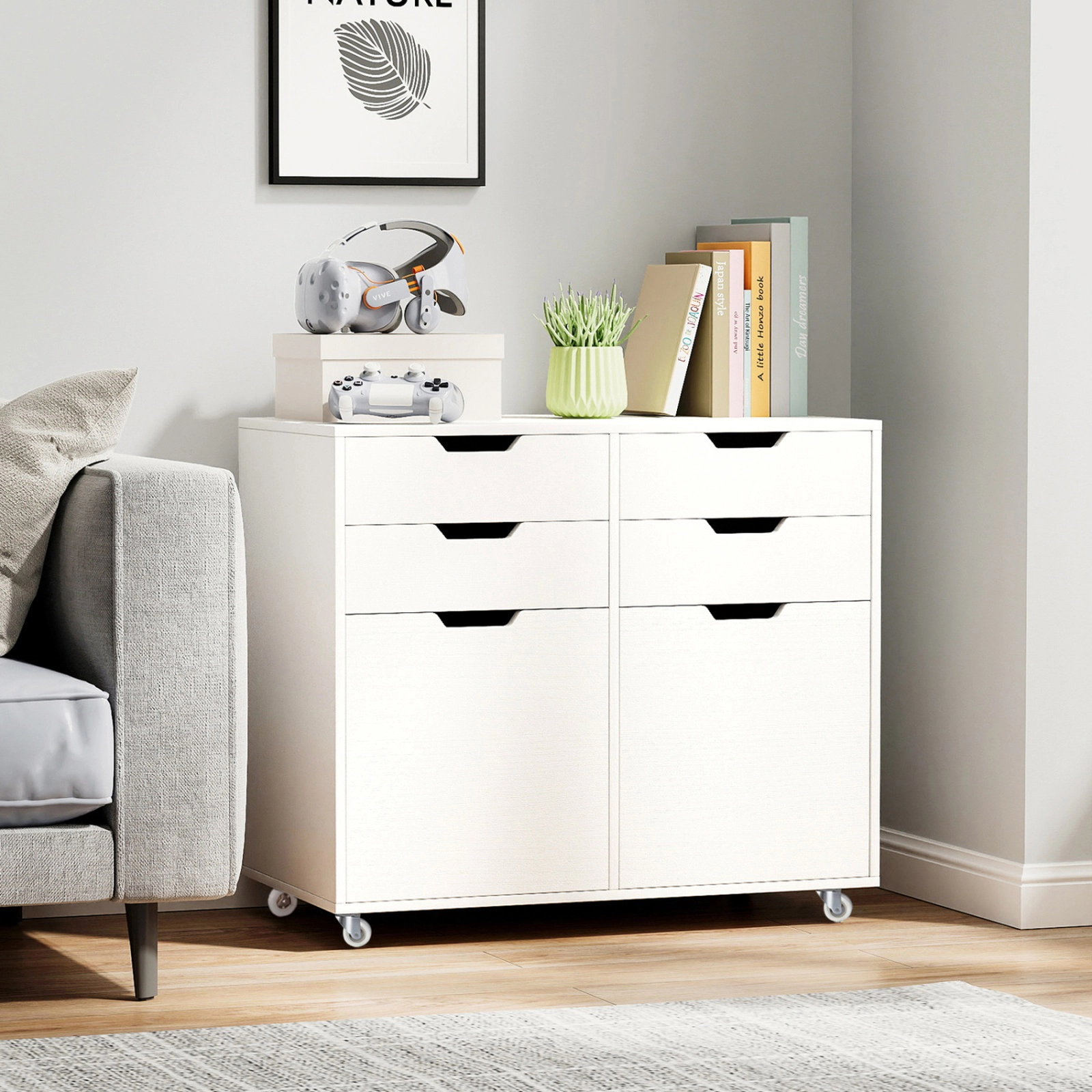SUGIFT White 29-in 4-Drawer Rolling File Cabinet with 2 Door Cabinets 100-lb Tabletop and 5 Wheels