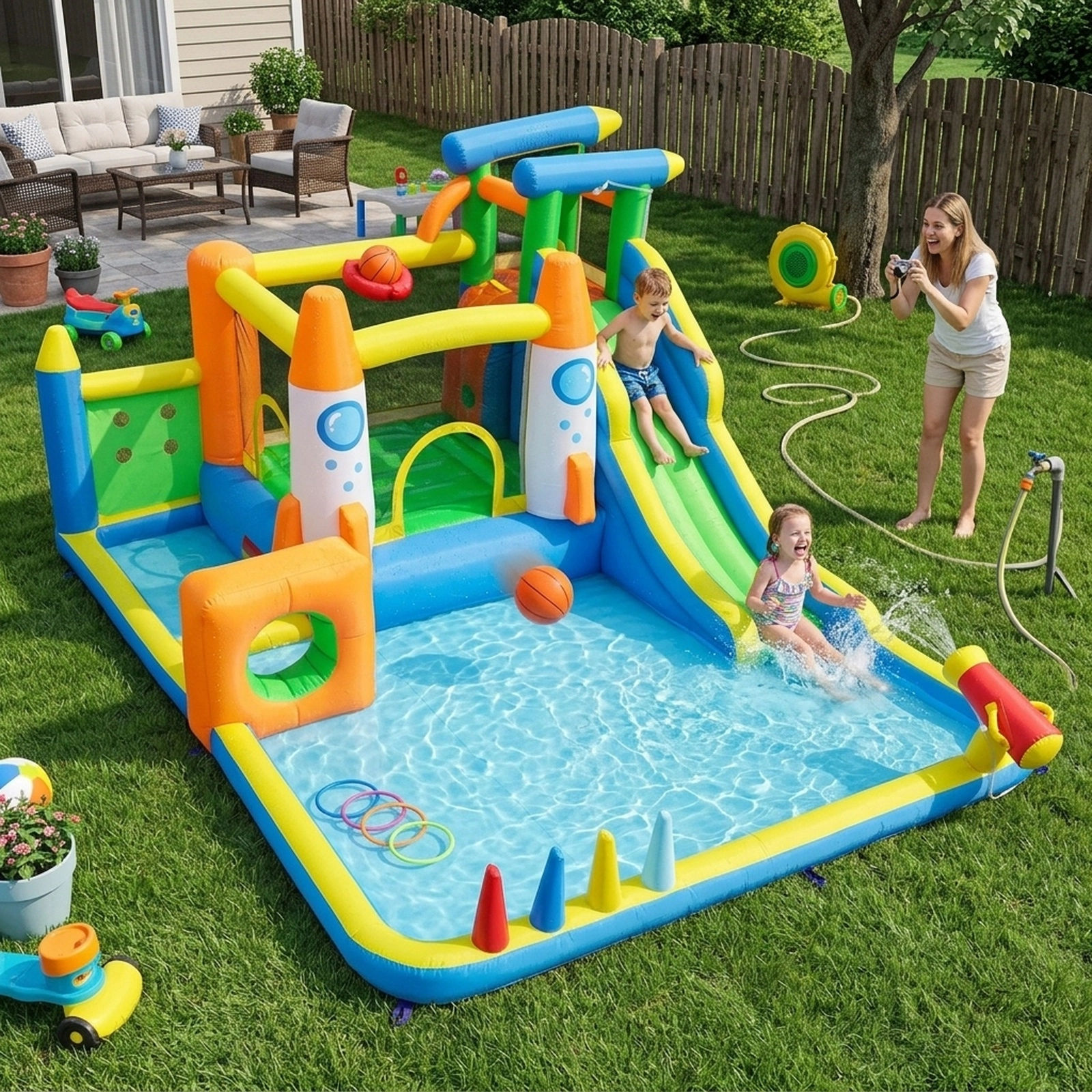 10-in-1 Inflatable Bounce House with Water Slide Splash Pool Climbing Wall Ball Pit Tunnel and 680W Blower