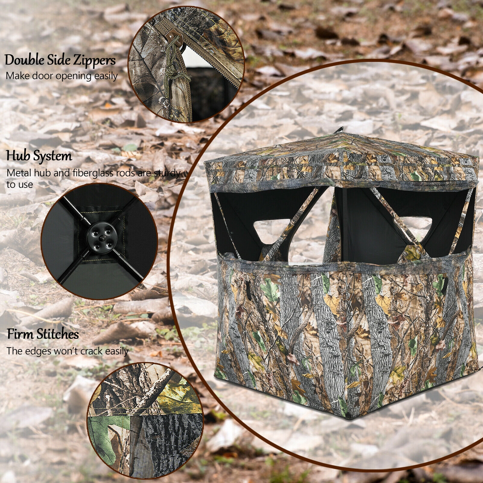 SUGIFT Camouflage 74-in Tall Surround View Pop-Up Ground Blind with Slide Mesh Windows and Carry Bag