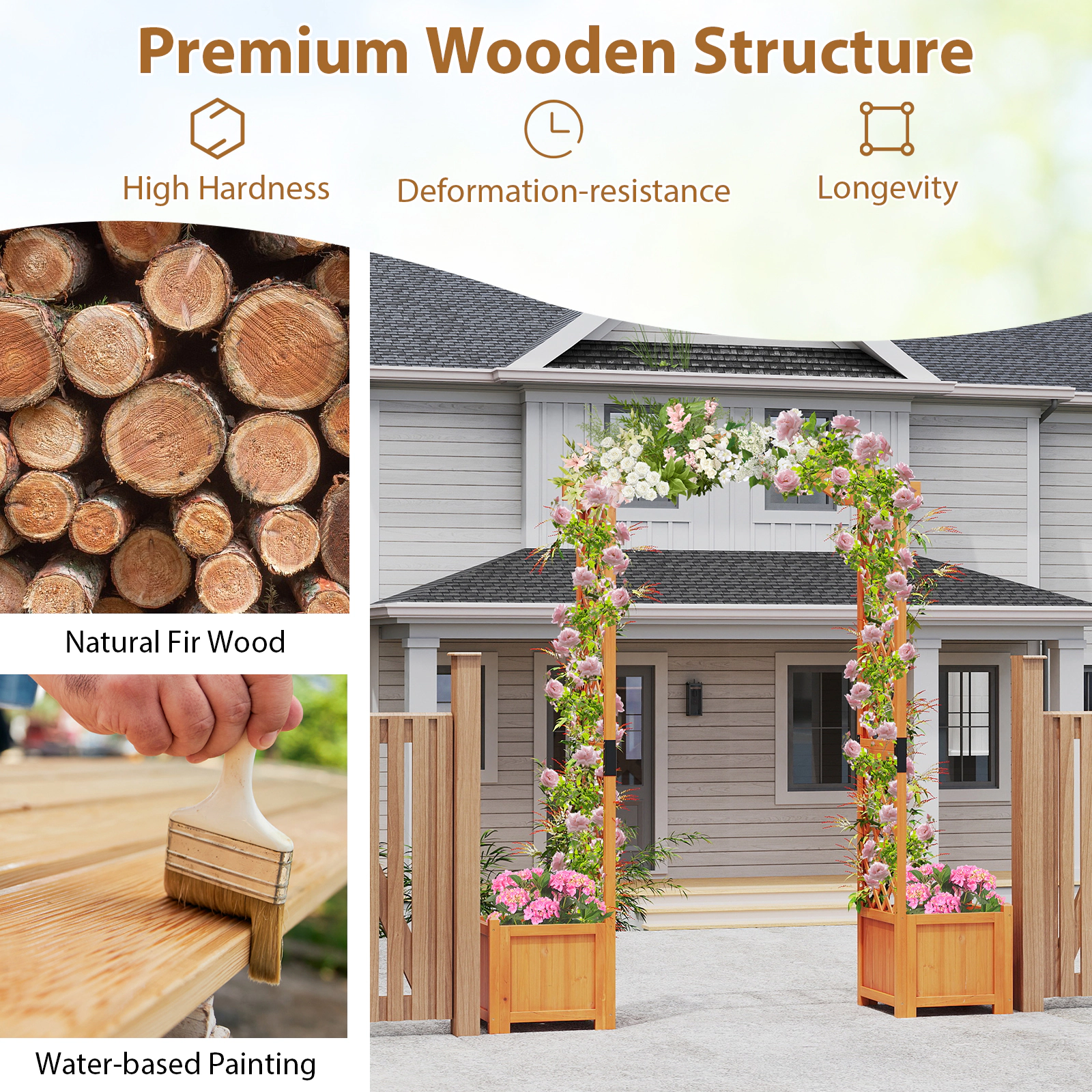 SUGIFT Orange Wooden Garden Arbor with 2 Planter Boxes and Side Trellises 73-in W 18-in D 79-in H 40-in Passage W