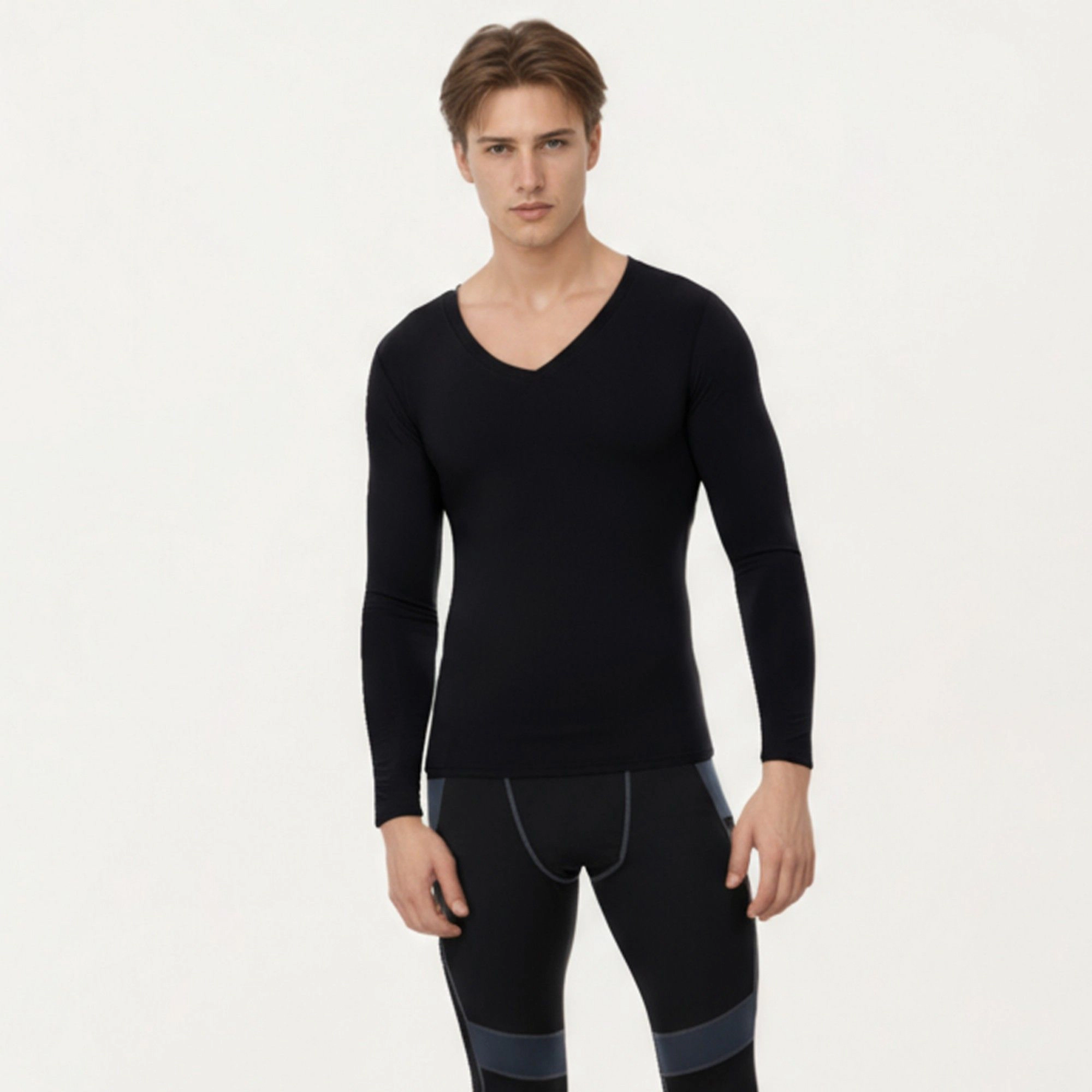 Anna-Kaci Men's Long Sleeve V-Neck Compression Shirt with Stretch Performance Fabric and Athletic Fit
