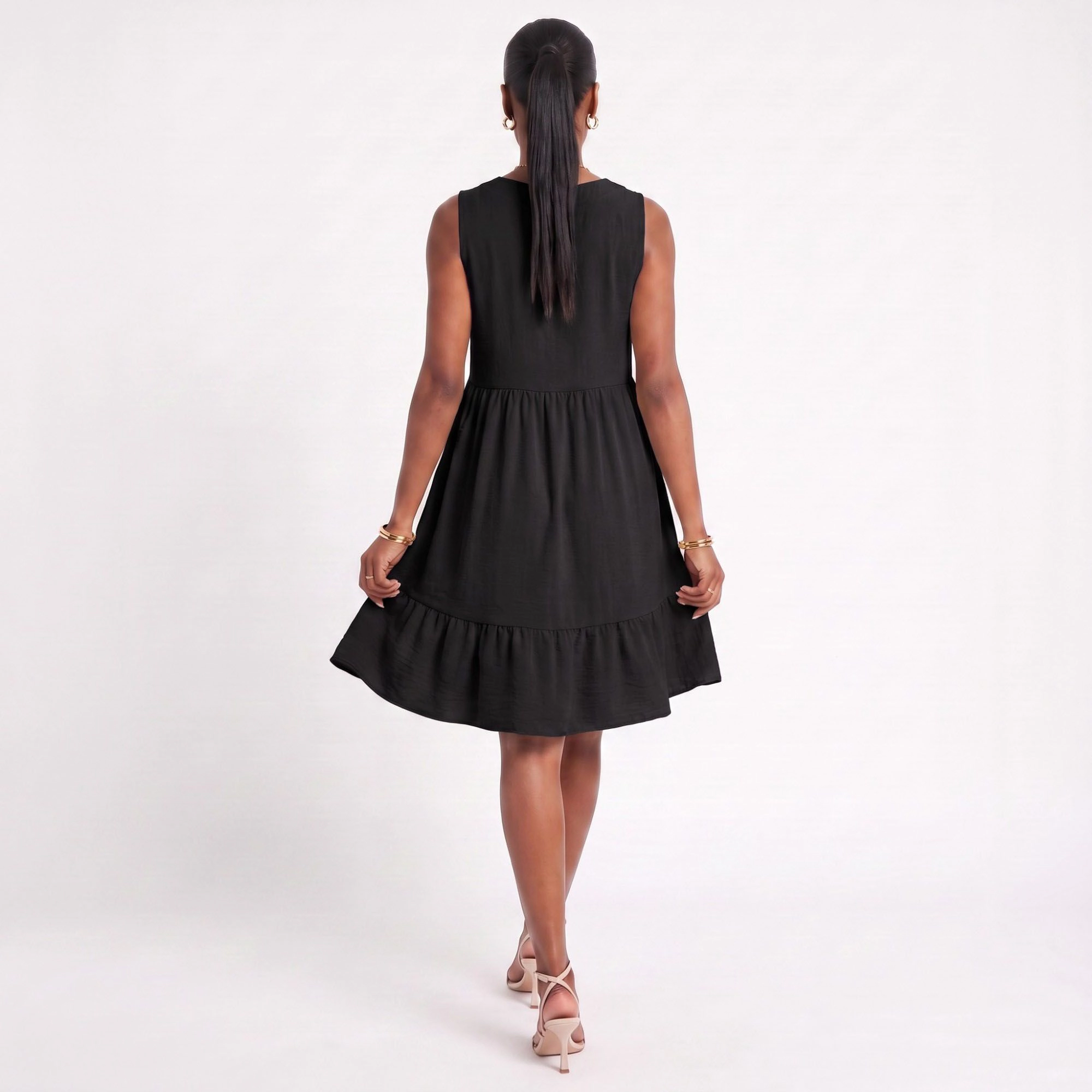 Anna-Kaci Women's Sleeveless V-Neck Babydoll Ruffle Hem Pockets Dress