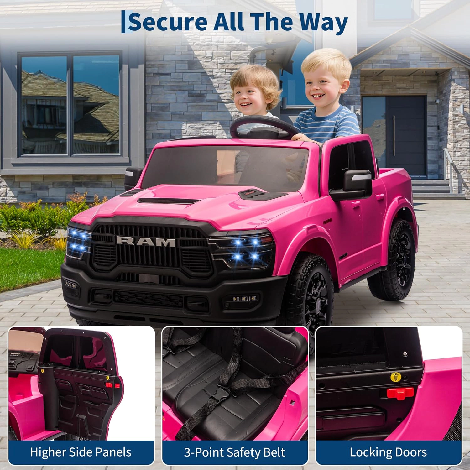 2 Seater Kids Electric Car, Licensed RAM 2500 24V Ride On Truck w/Remote, Bluetooth, 3 Speeds, LED, Suspension, Trunk