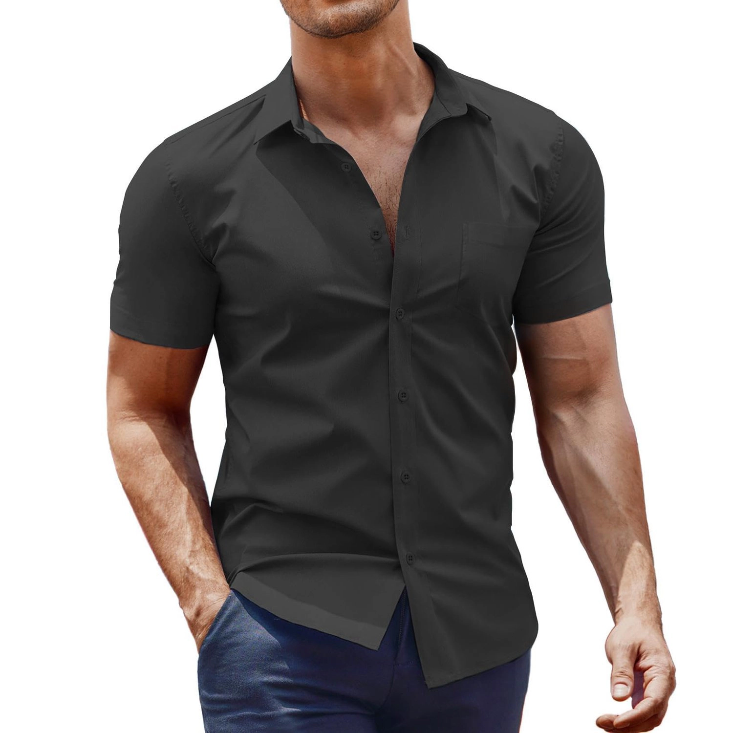 COOFANDY Mens Short Sleeve Button Down Shirts Lapel Collar Chest Pocket Casual Tops