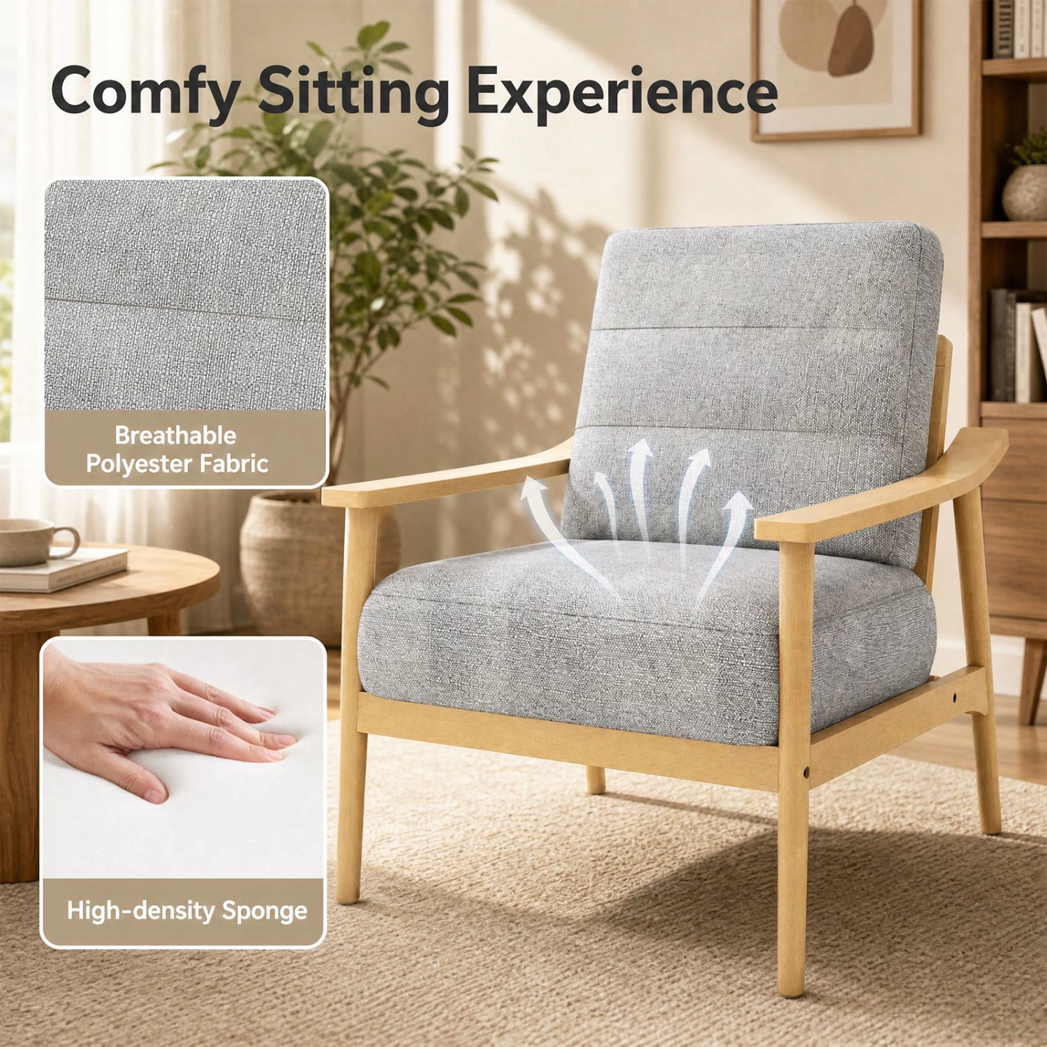 SlickBlue Gray Accent Chair with Wide Seat, Padded Cushion & Armrests