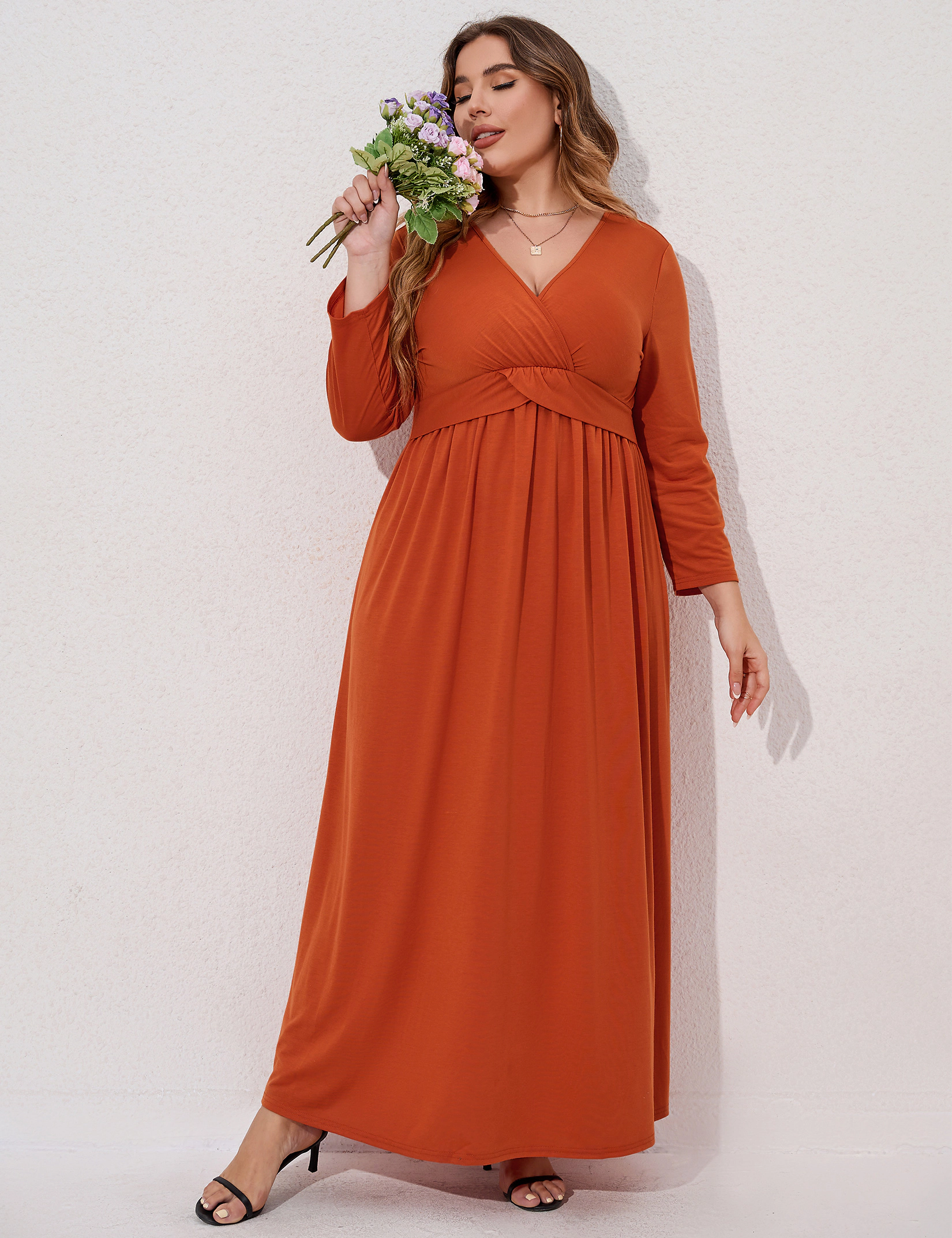 KOJOOIN Women's Plus Faux Wrap Maxi Dress Surplice V Neck Long Sleeve Empire Waist