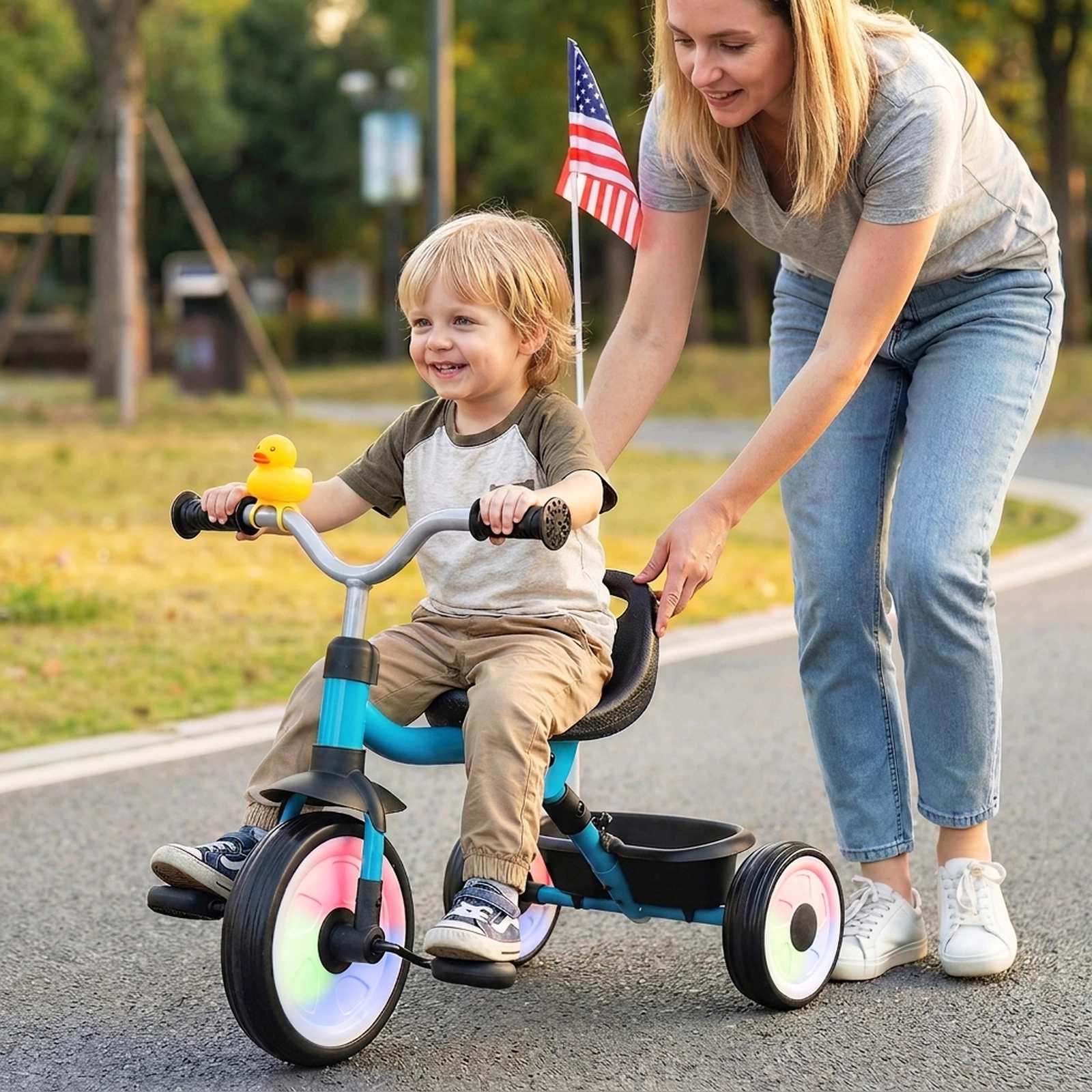 Toddler Tricycle with Light-Up Wheels 3-Position Seat and Folding Frame for Ages 1-3 Rear Basket Squeaky Duck Kids Trike