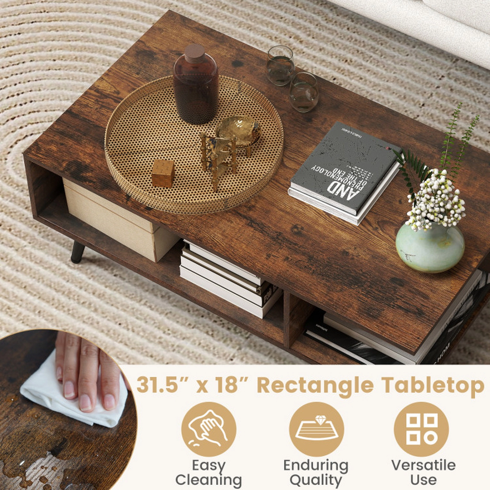SUGIFT 2-Tier Open Compartments Tapered Metal Legs Coffee Table 31.5-in x 18-in x 12-in 110-lb Capacity Rustic Brown