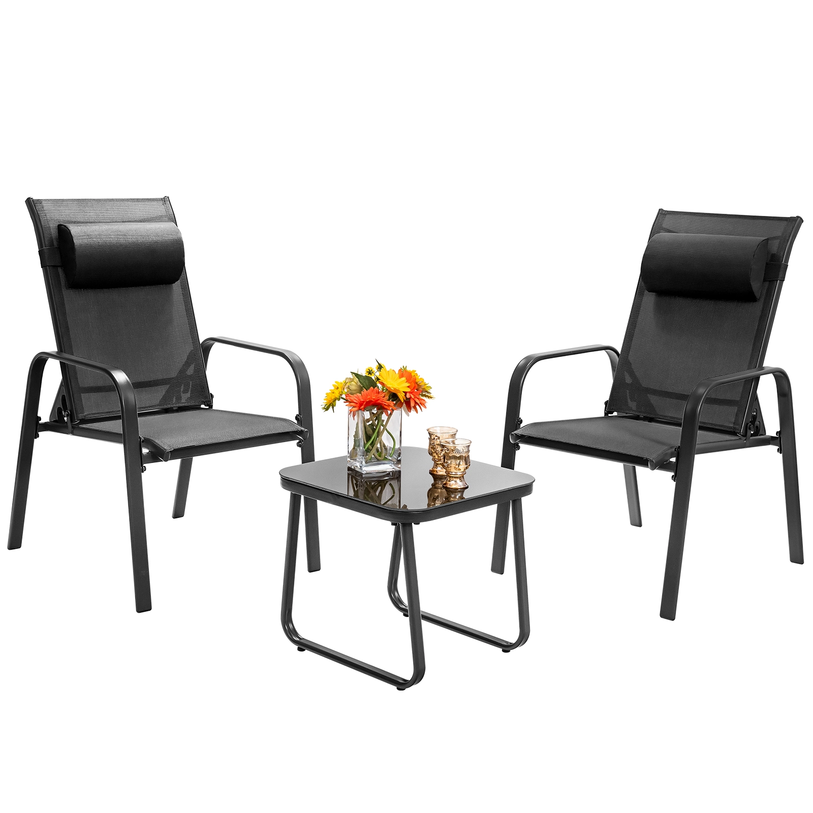 SUGIFT Black Adjustable Backrest Chairs and Glass Table 3-Piece Patio Bistro Set