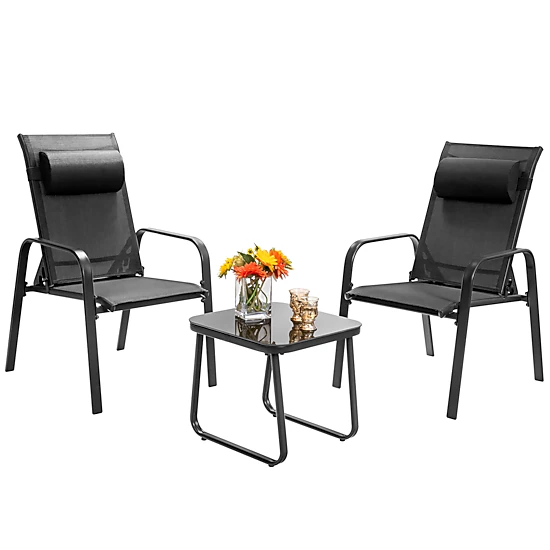 SUGIFT Black Adjustable Backrest Chairs and Glass Table 3-Piece Patio Bistro Set