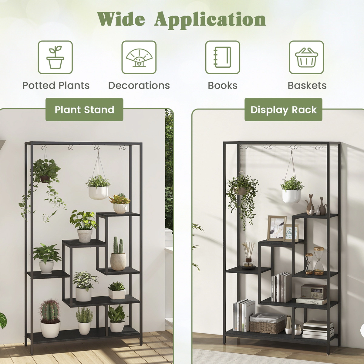 SUGIFT 6-Tier 71-in Tall Indoor Ladder Metal Plant Stand Shelf with 10 Hanging Hooks and Anti-Tip Kit