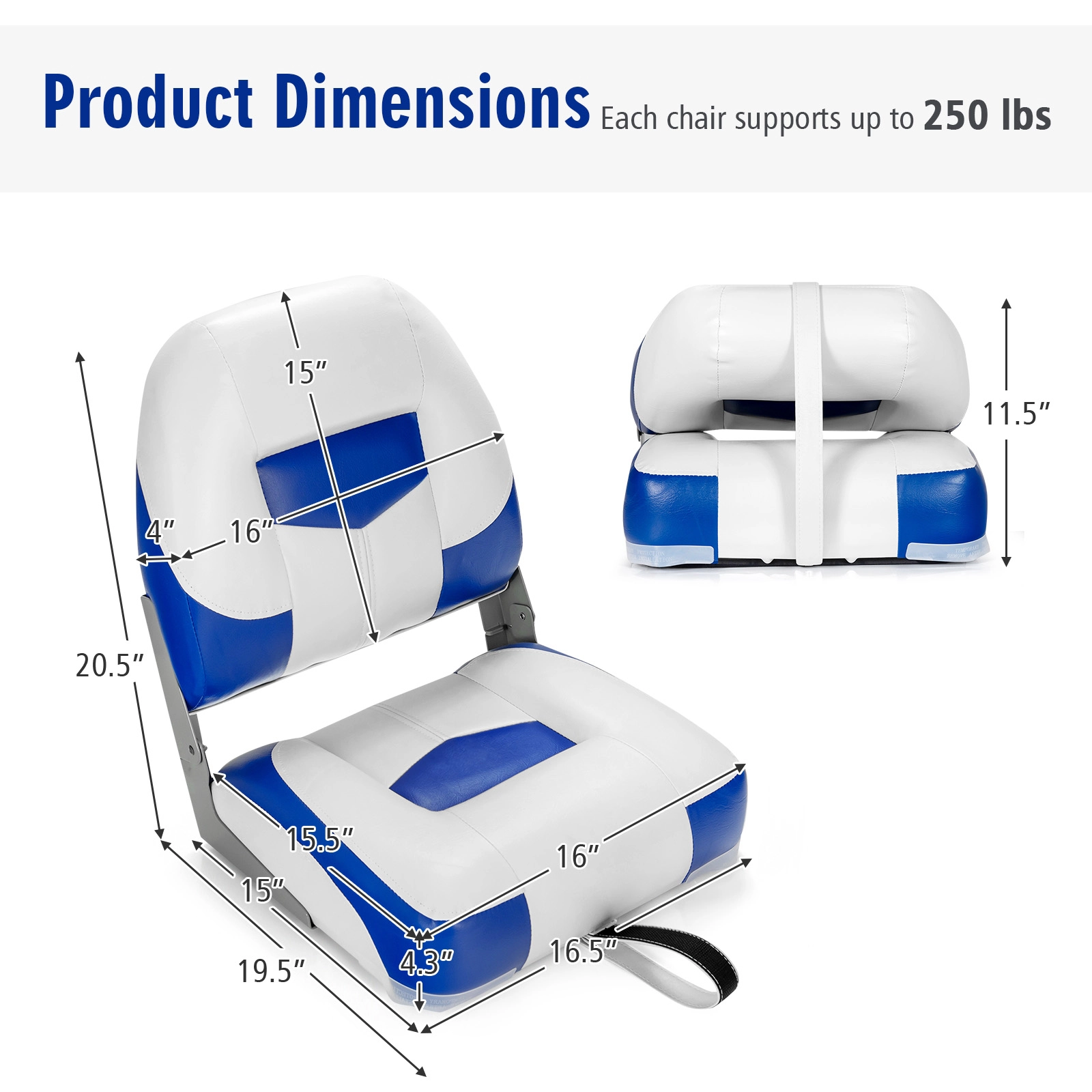 SUGIFT Set of 2 Blue Folding Boat Seats with Curved Backrests 19.5-in W 16.5-in D 20.5-in H 250-lb Chair Capacity