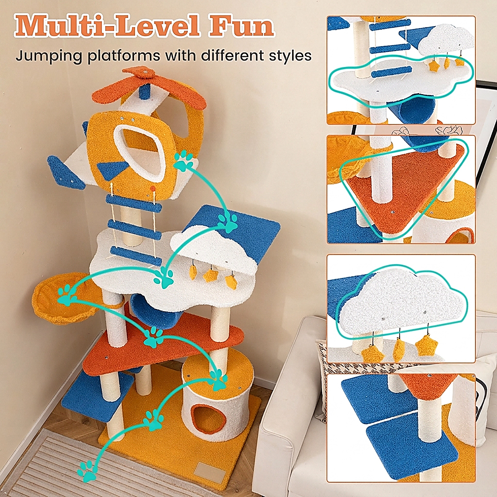 SUGIFT 70-in Tall Aviation-Themed Cat Tree with Helicopter Top Perch, Condo & Platforms 22-lb Capacity Blue White Yellow