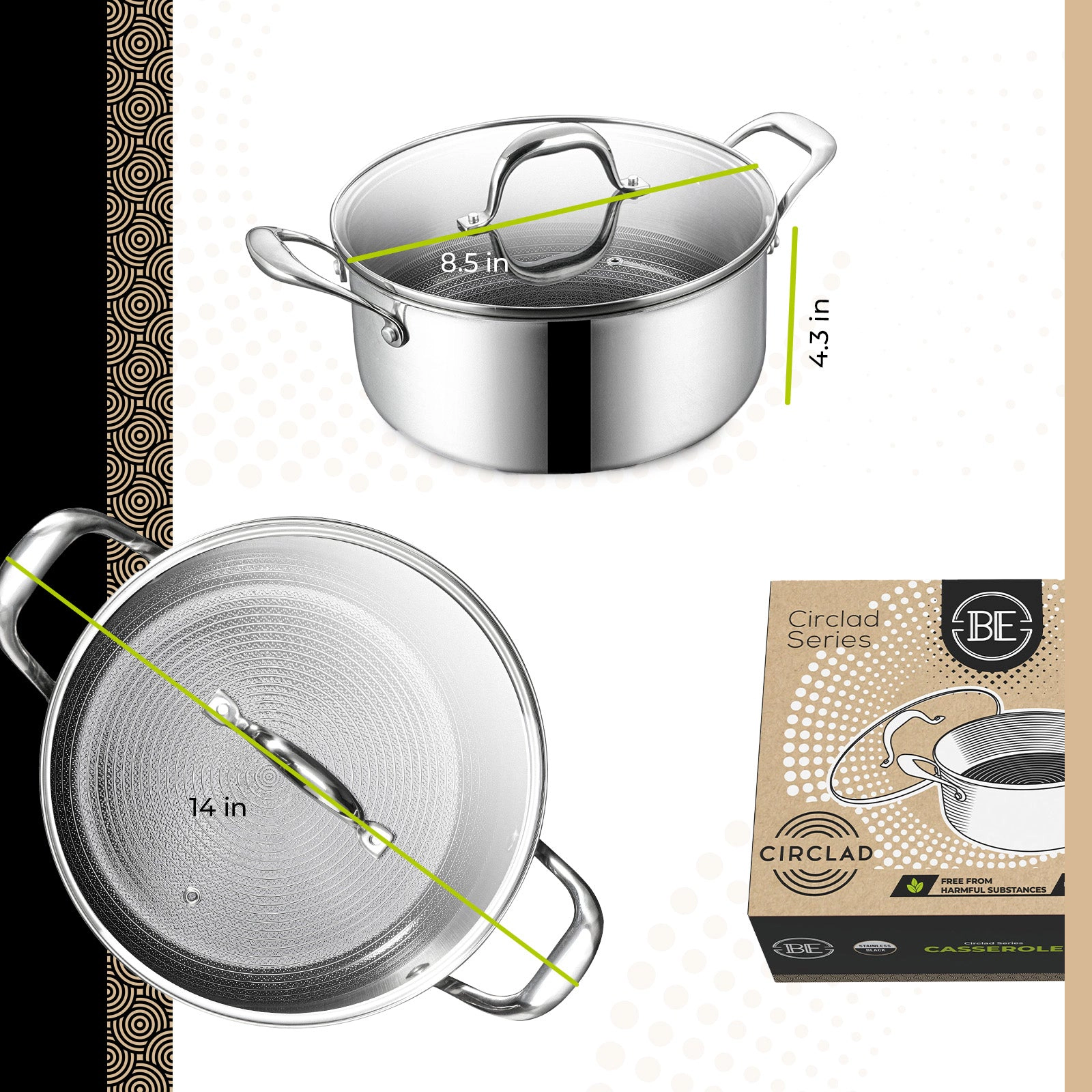 BE - LIVING CIRCLAD Series 5-Quart Hybrid Nonstick Casserole with Lid 9.5"