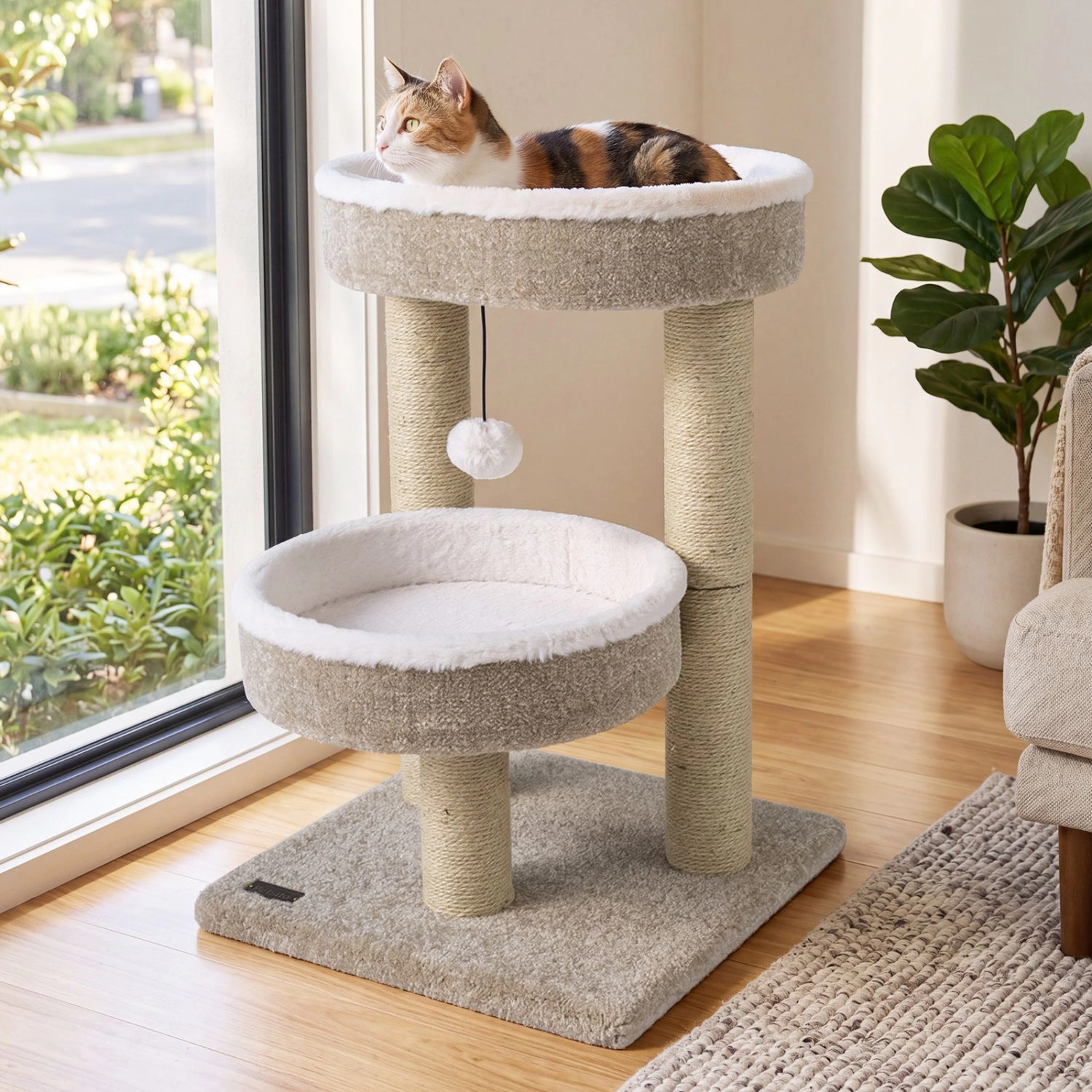 SlickBlue Compact Cat Tree with 2 Perches, Scratching Posts & Plush Ball