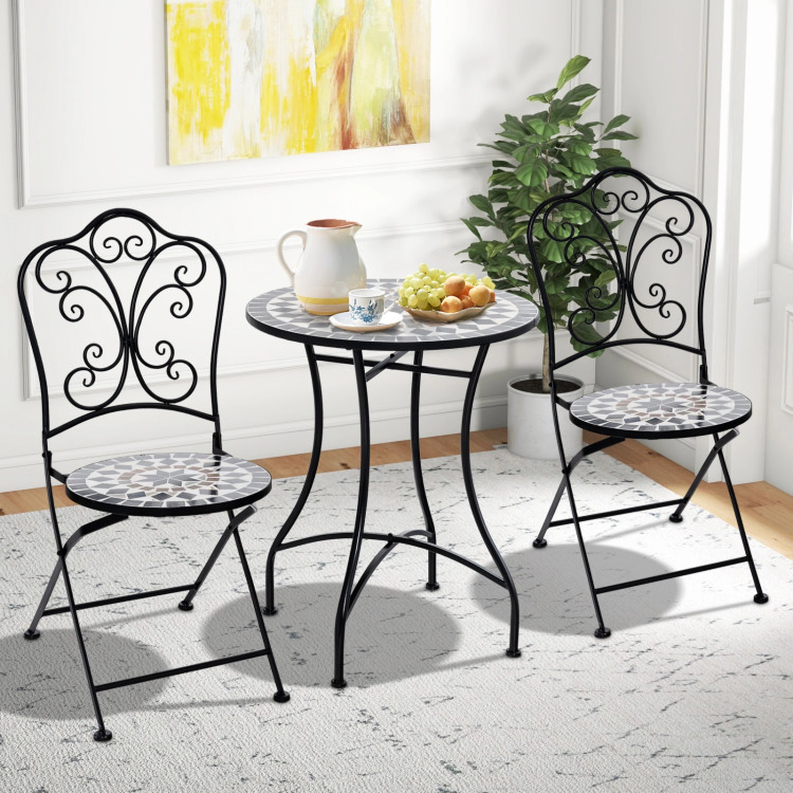 SUGIFT 24-Inch Black Round Outdoor Bistro Table, Ceramic Mosaic Tile Top, Metal X-Frame