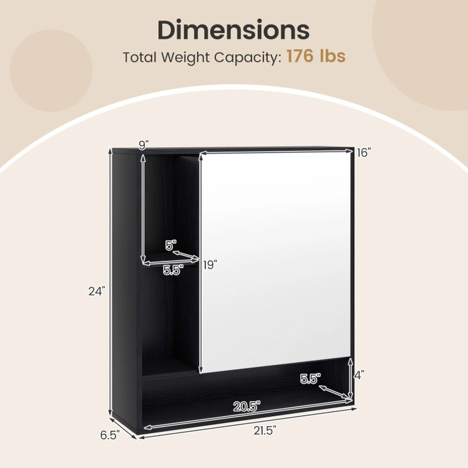 SUGIFT Black 176-lb Capacity Wall Mounted Bathroom Mirror Cabinet with Single Door and Open Shelves