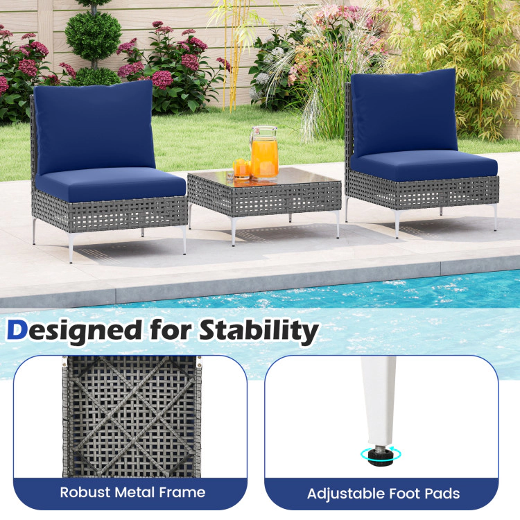 Hivvago 3 Pieces Pe Rattan Conversation Chairs With Tempered Glass Coffee Table For Garden Porch-Navy