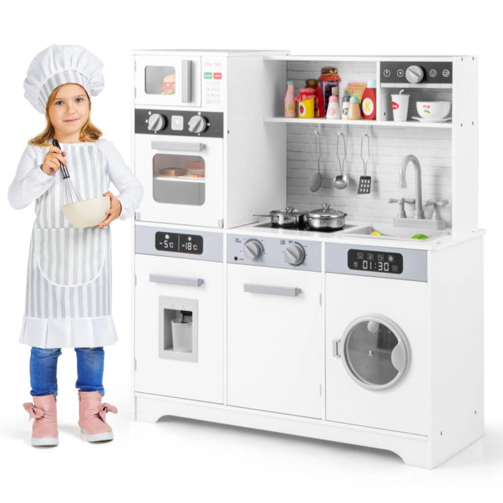 Hivvago Pretend Play Kitchen Wooden Toy Set Kitchen Accessory Playset With Real Lights Sounds-White