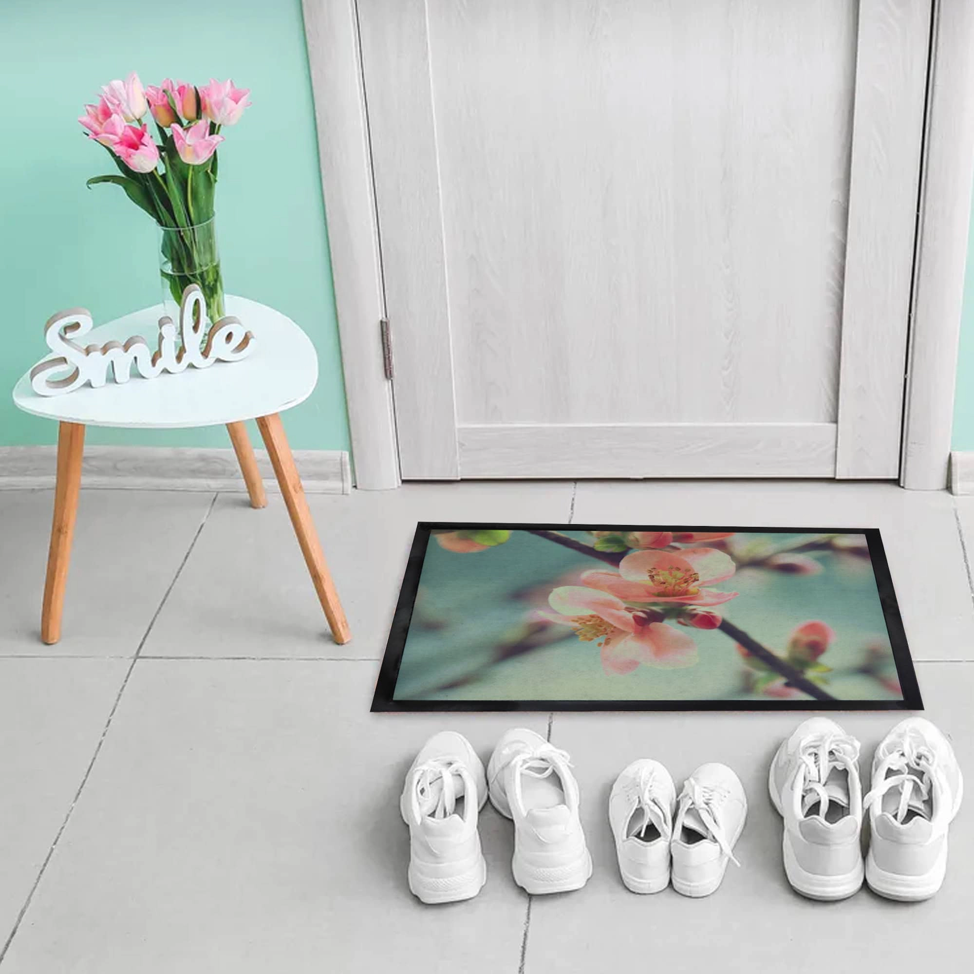 Evideco French Home Goods Pink and Green Orchid PVC Doormat 24 x 16 Inches