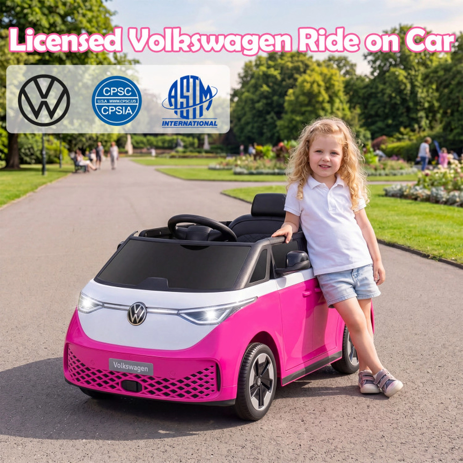 SUGIFT 12V Pink Kids Ride-On Bus with Licensed Volkswagen Body Music LED Headlights and Remote Control