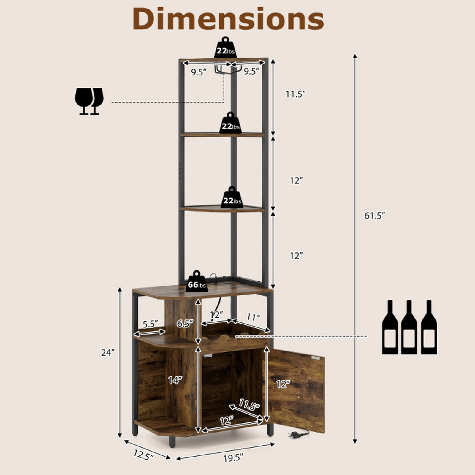 SUGIFT 6-Tier 61.5-in Rustic Brown Corner Bar Cabinet with RGB LED Lights Charging Station and 3-Bottle Wine Rack
