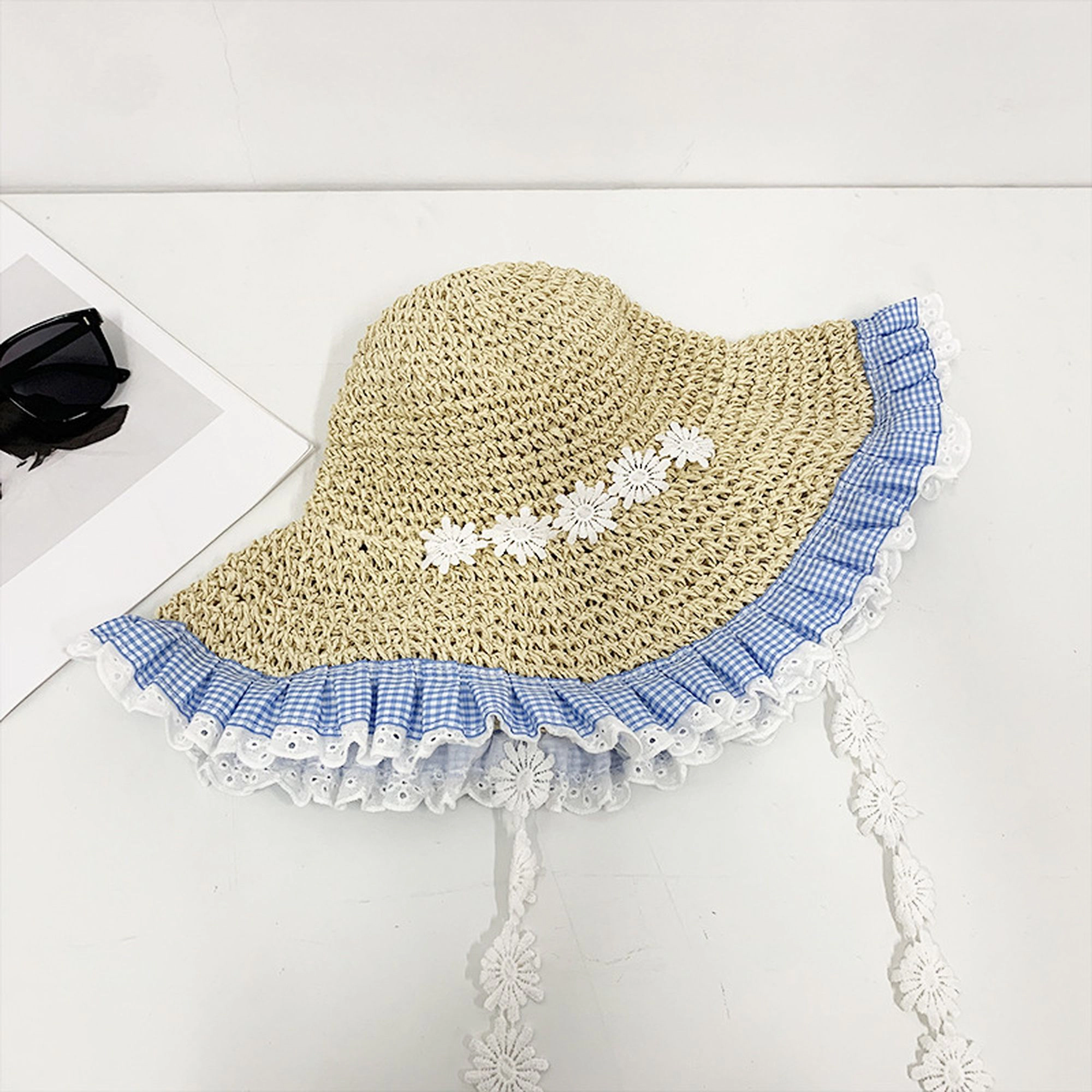 Anna-Kaci Women's Straw Sun Hat with Gingham & Lace Trim