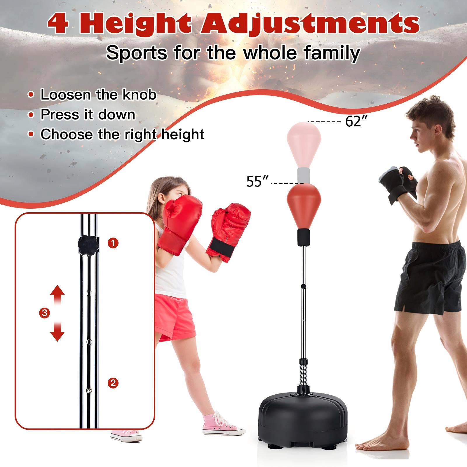 SUGIFT Adult Red 4-Level Adjustable Freestanding Punching Bag with Boxing Gloves 19-in Base Dia 55-in to 62-in H