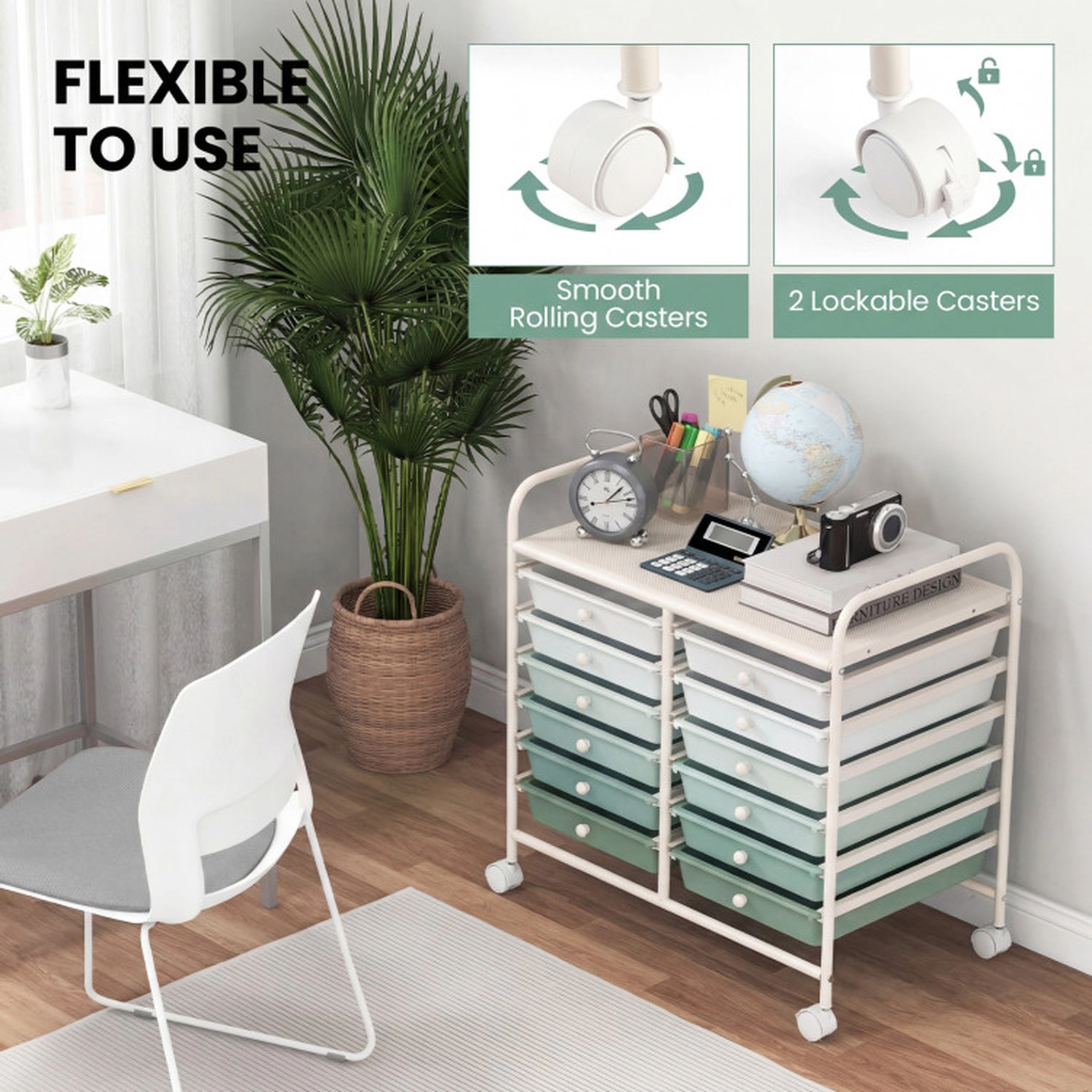 SUGIFT Green Gradient 12-Drawer Rolling Storage Cart Student Study and Craft Station with Locking Casters