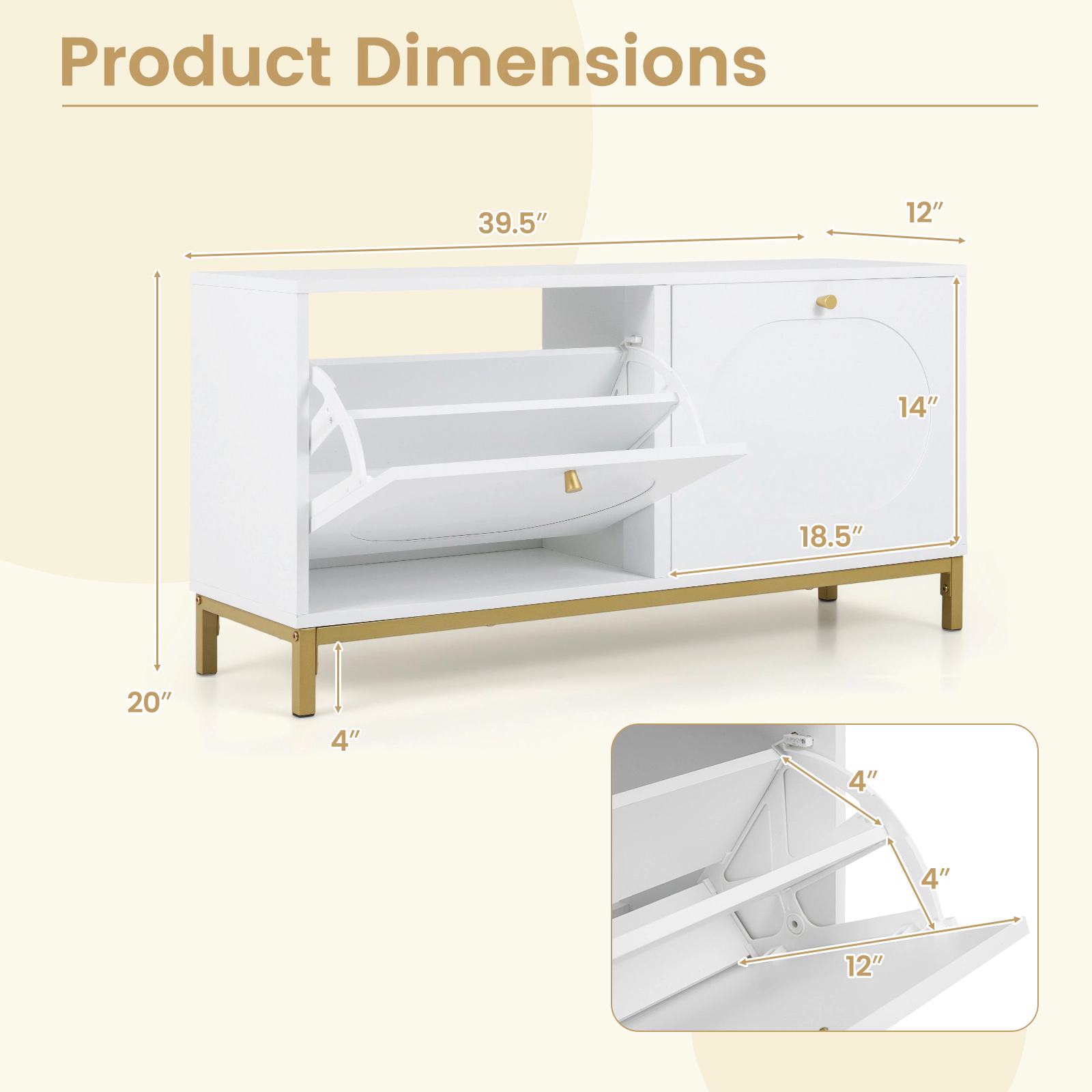 Glintex Narrow Shoe Bench with 2 Flip Drawers 20-Inch Seat and Open Back, White