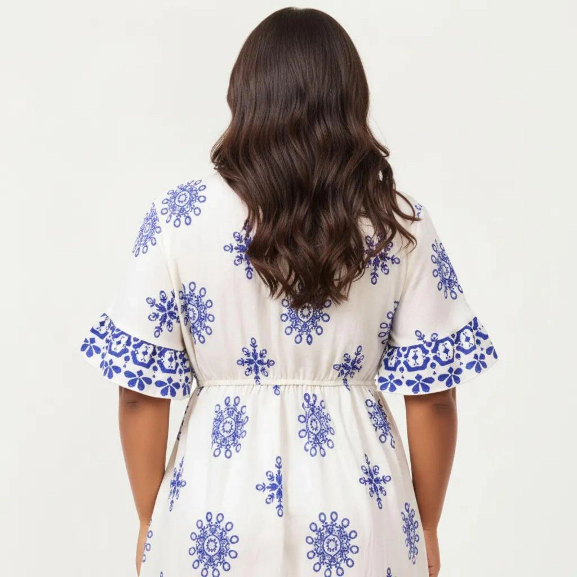 Anna-Kaci Women's Short Sleeve V Neck Elastic Waist All Over Print Border Detail Flowy Fit Casual Midi Dress