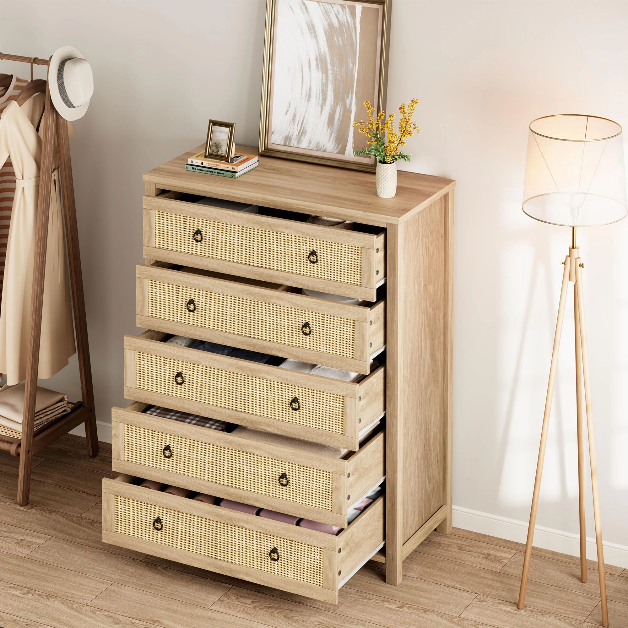 Rattan 5 Drawer Dresser, 45" Tall Wooden Storage Chest & TV Stand for Bedroom Living Room Entryway