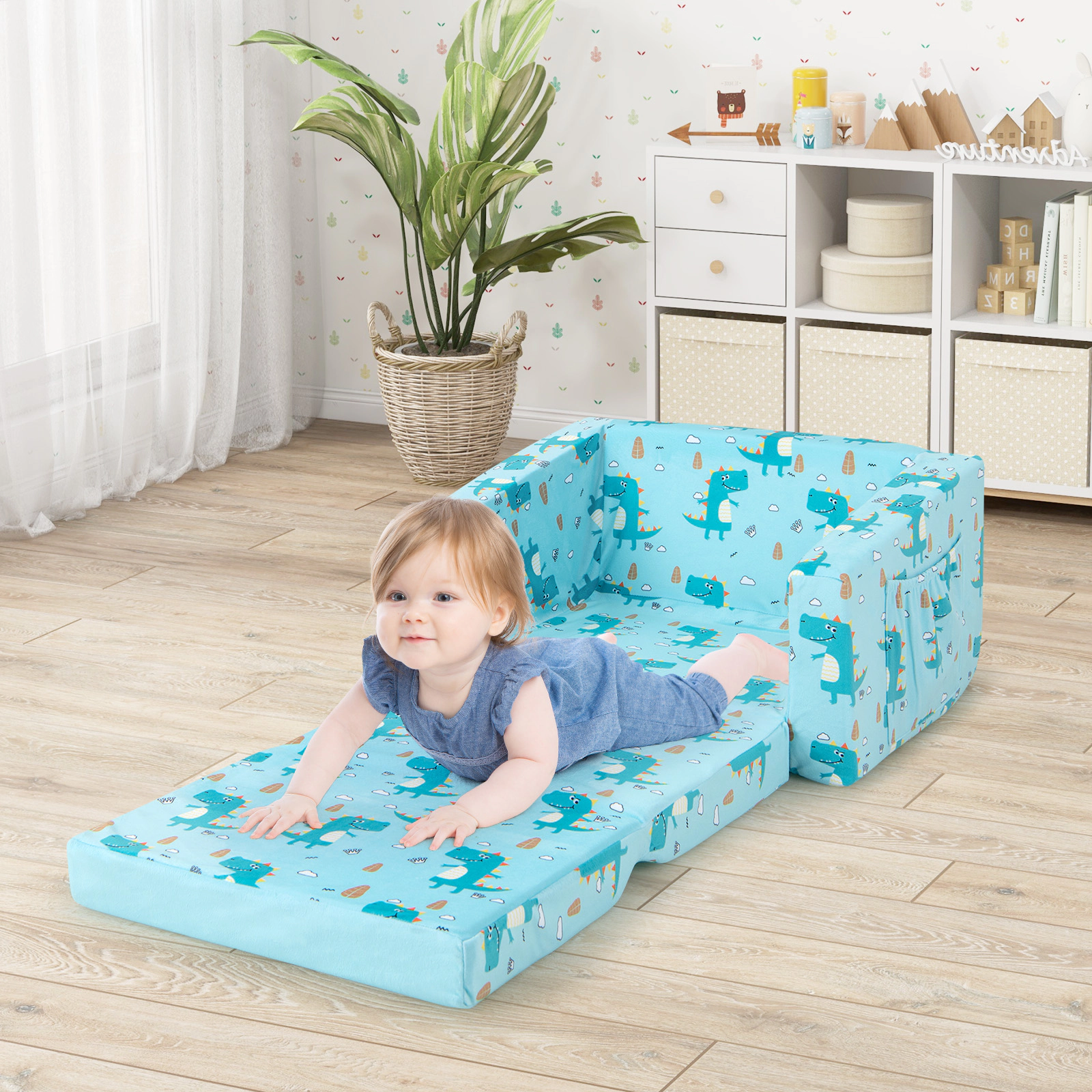 SUGIFT Blue Dinosaur Velvet Convertible Toddler Couch Sleeper, 110 lb Capacity