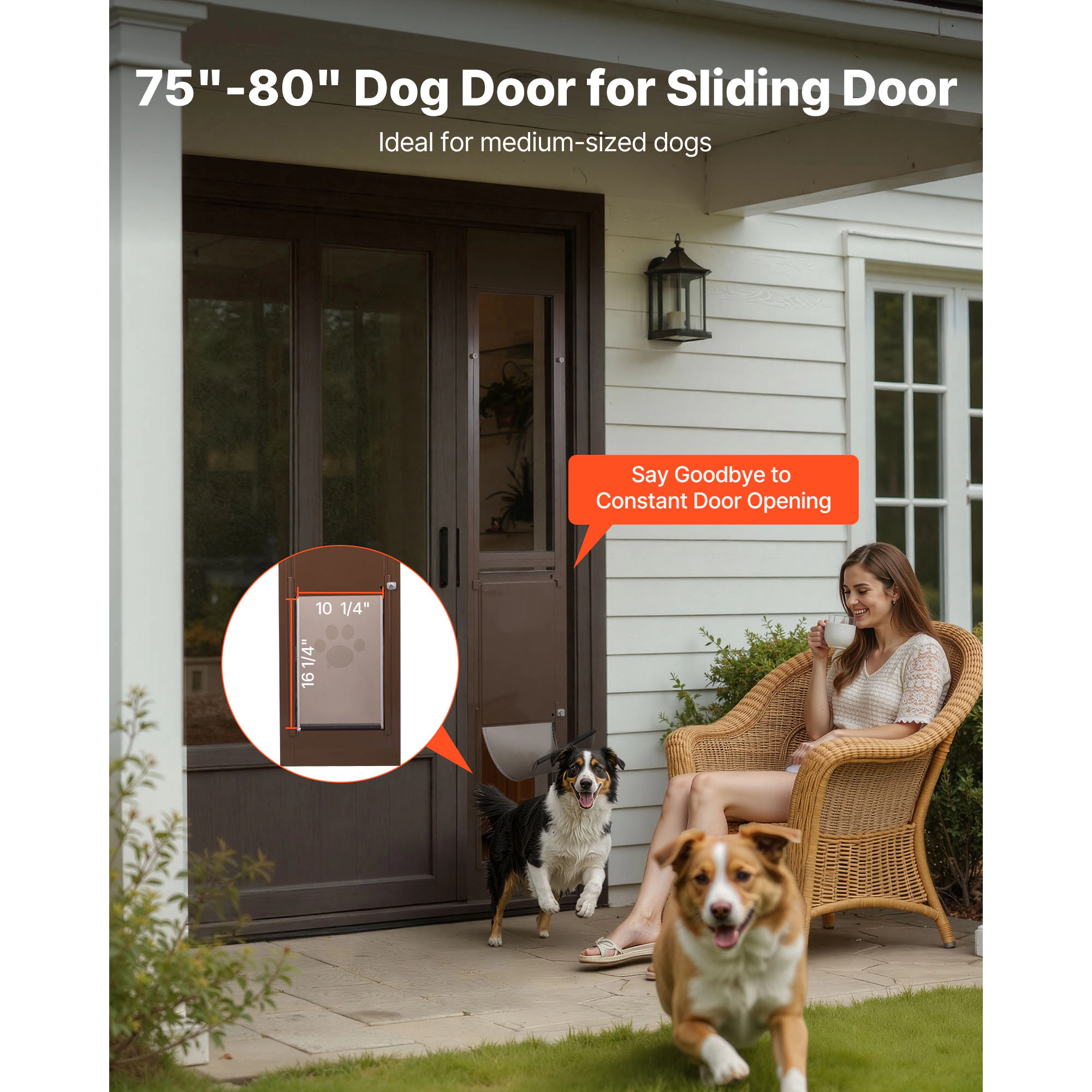 HONGGE Dog Door for Sliding Glass Door, Adjustable 75 7/8 to 80 11/16 In Height, Aluminum Frame with Lock, Brown
