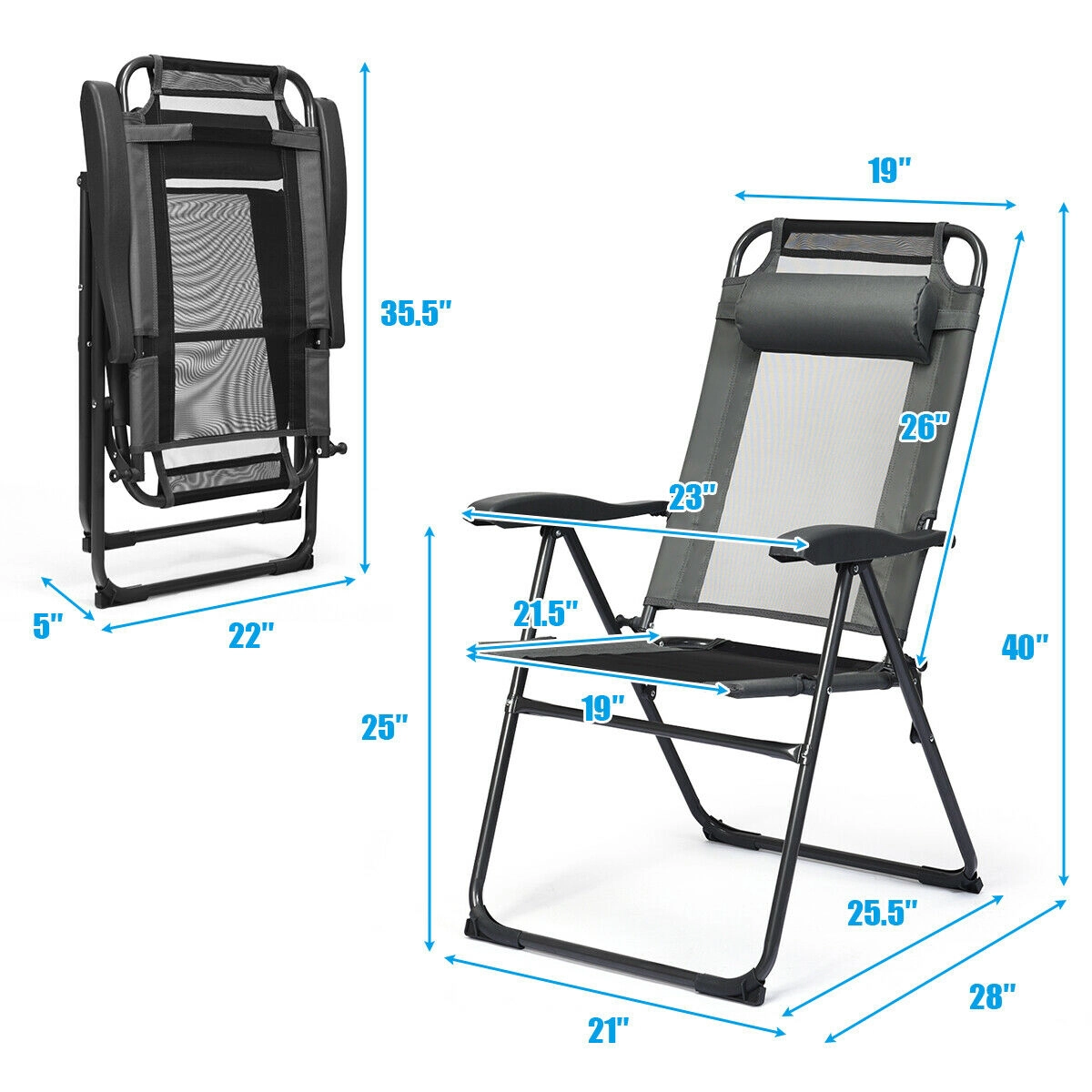 SUGIFT 7-Position Adjustable Reclining Folding Sling Patio Chair 300-Lb Capacity with Headrest Gray and Black