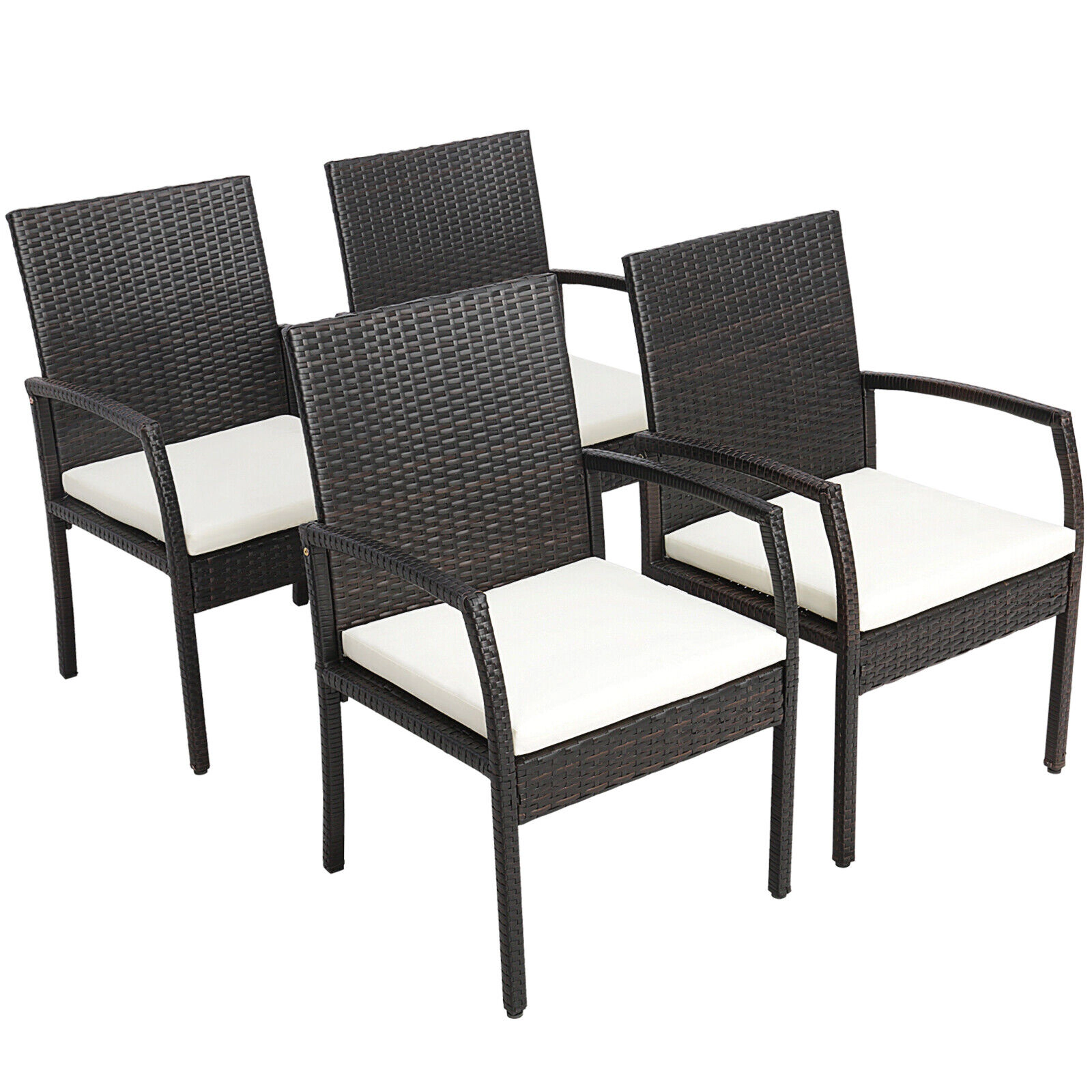 SUGIFT Set of 4 Brown Hand-Woven PE Wicker Outdoor Patio Dining Armchairs with Zippered Seat Cushions