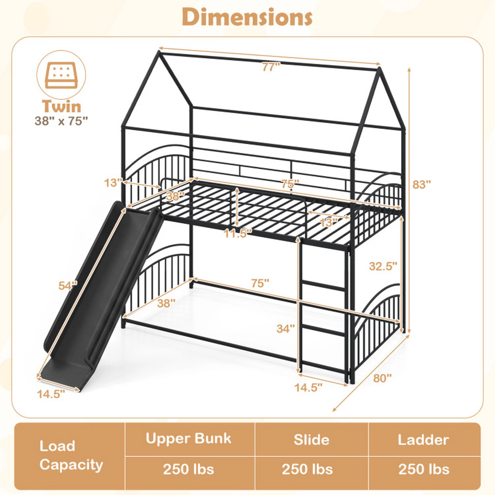 SUGIFT Black 54-in Slide Ladder and Metal Slats Twin Over Twin Kids House Bunk Bed