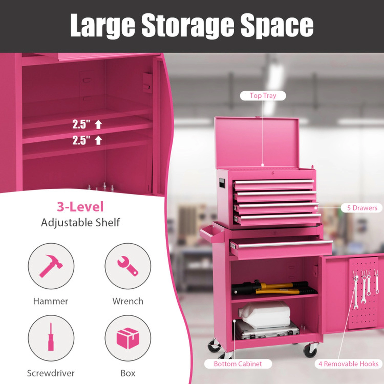 SUGIFT 2-in-1 5-Drawer Detachable Lockable Steel Rolling Tool Chest Cabinet 23-in x 11-in x 40.5-in 220.5-lb Pink