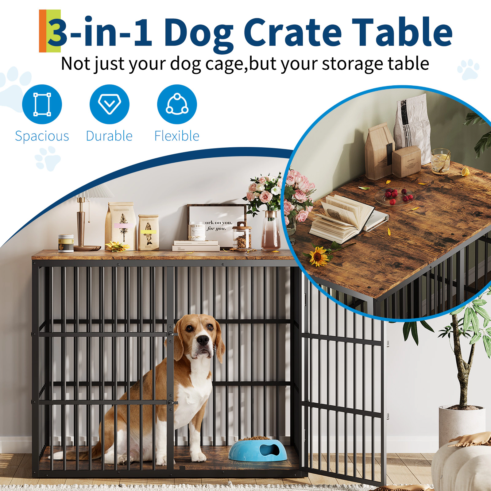 48" 3-in-1 Wooden Dog Crate Furniture with 3 Lockable Doors, Heavy Duty Metal Frame, End Table for Medium Dogs