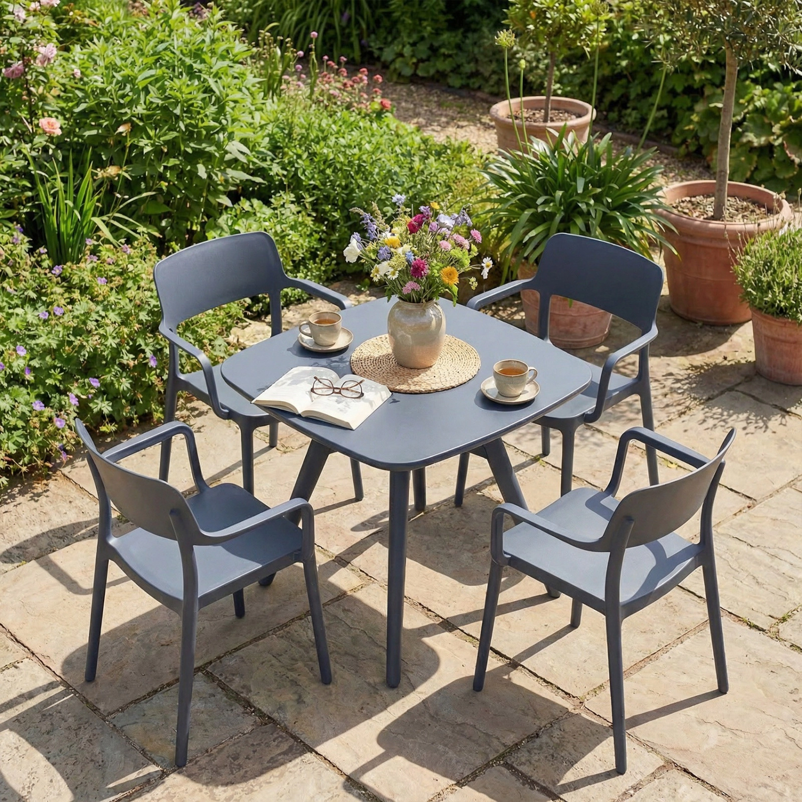 SUGIFT All-Weather Plastic Square Outdoor Dining Bistro Table 28-in Top 150-lb Capacity Gray