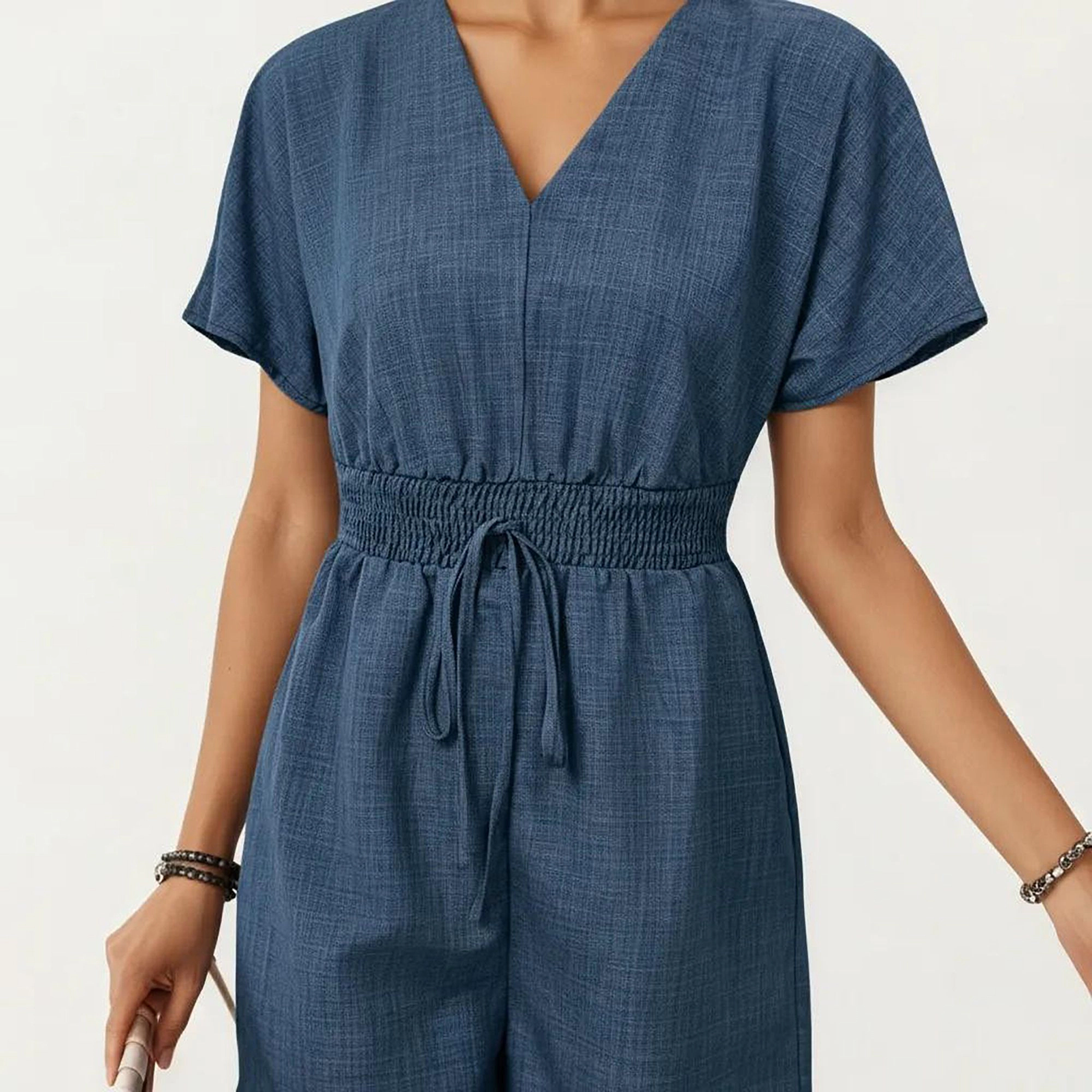 Anna-Kaci Womens Short Sleeve V-Neck Smocked Waist Romper