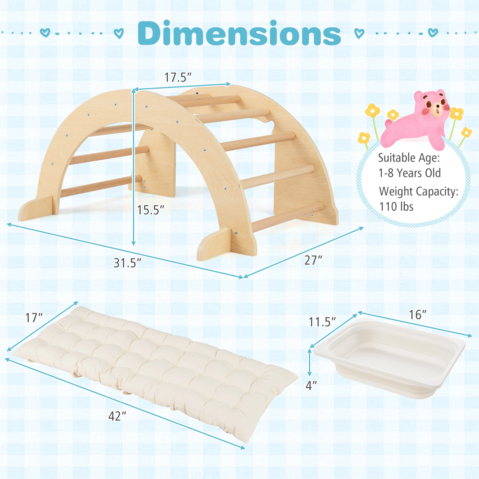 6-in-1 Natural Wood Kids Climbing Arch Detachable Support Legs Rocker Stoppers Padded Mat Toy Bin 110-lb Ages 1-8