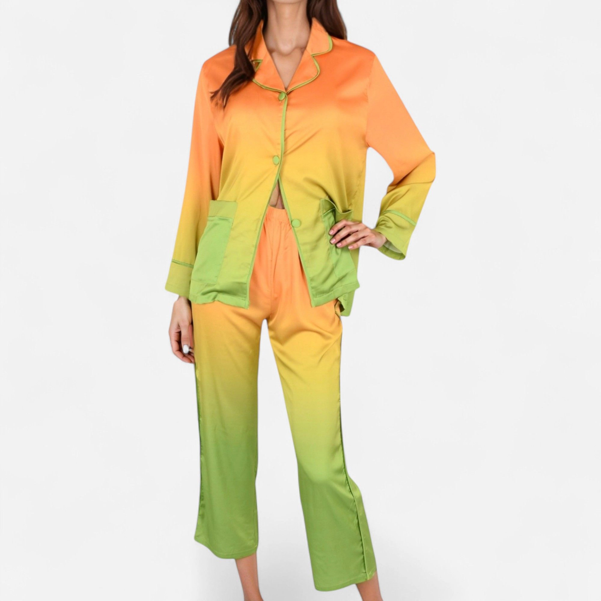 Anna-Kaci Women's Satin Pajama Set with Ombre Gradient Color Block Button Top and Wide Leg Pants