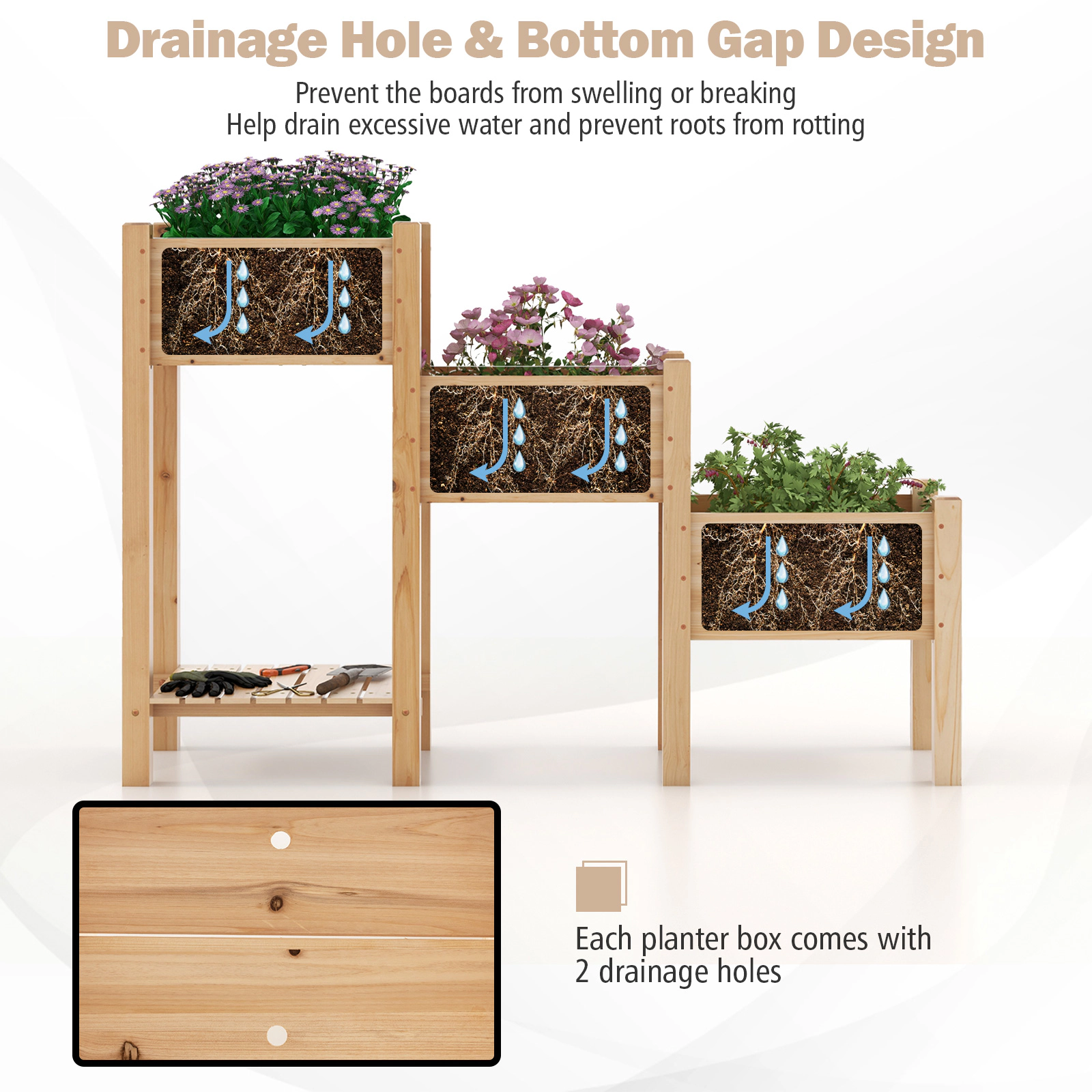 SlickBlue 3-Tier Wooden Planter with Bottom Storage Shelf