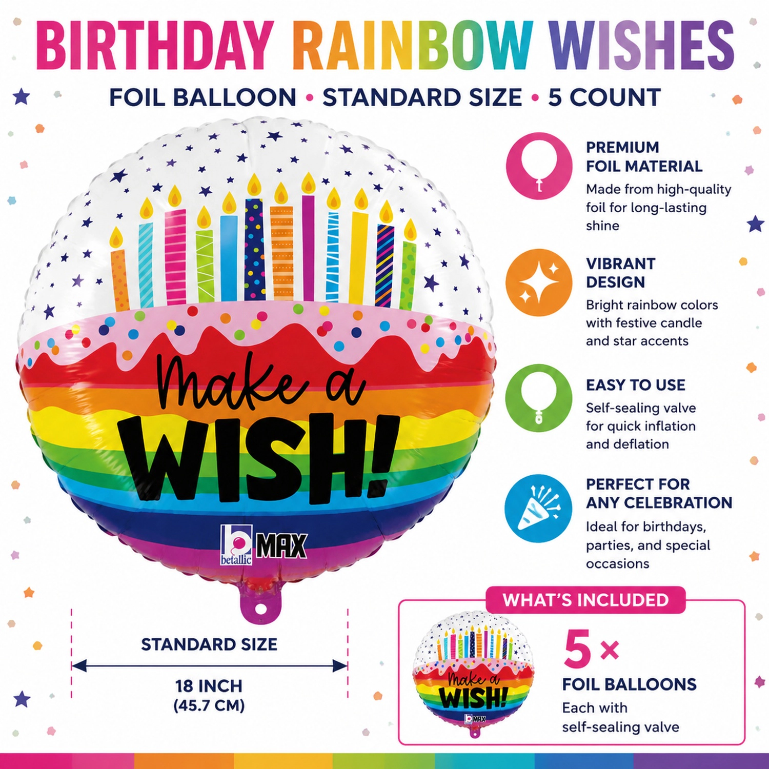 LoonBalloon Birthday Wishes Rainbow Foil Balloons, 5 Pack