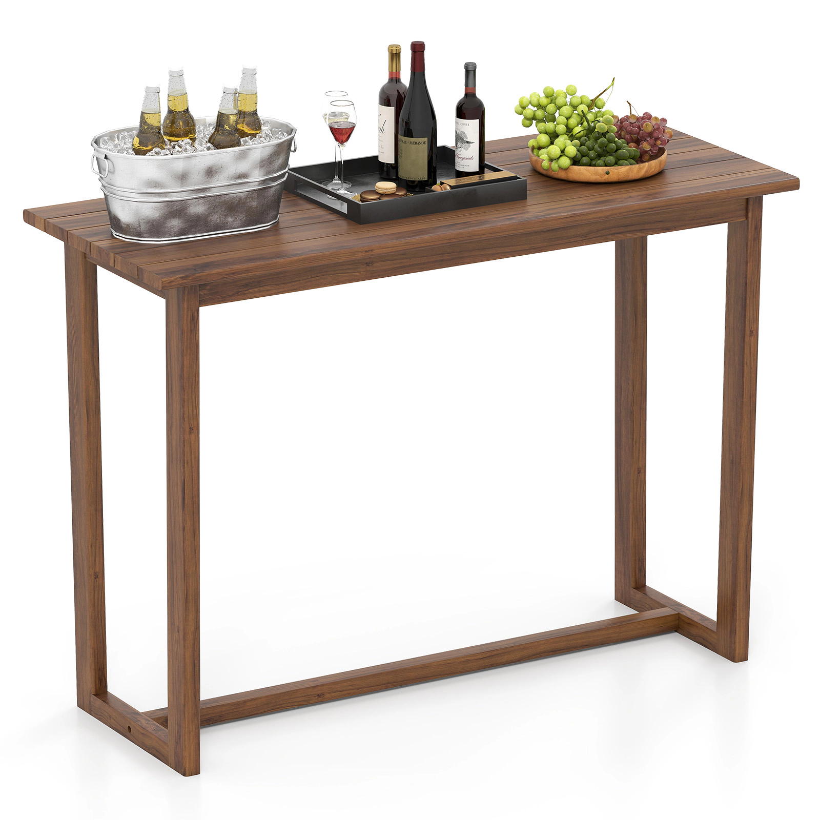 SUGIFT 59-in Slatted Teak Wood Outdoor Bar Table 220-lb Capacity 42-in Tall Natural for 28-32 in Barstools