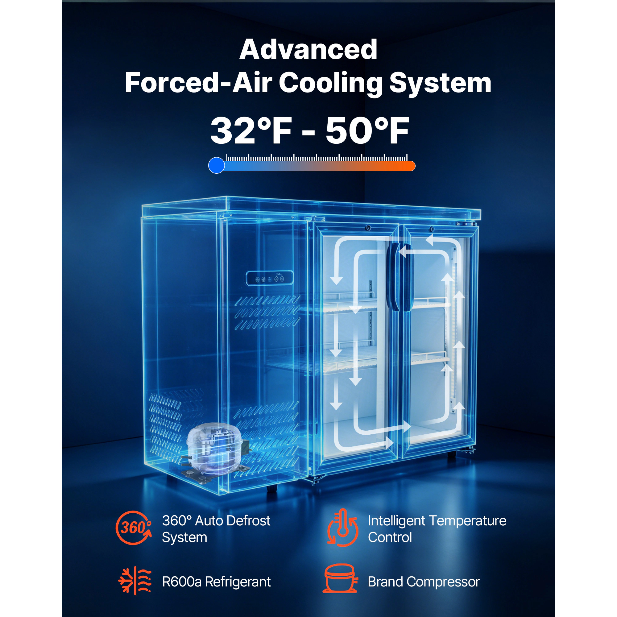 HONGGE 11.8 Cu. Ft Back Bar Beverage Cooler with 2 Glass Doors & LED Lighting for Bar, Restaurant, Cafe