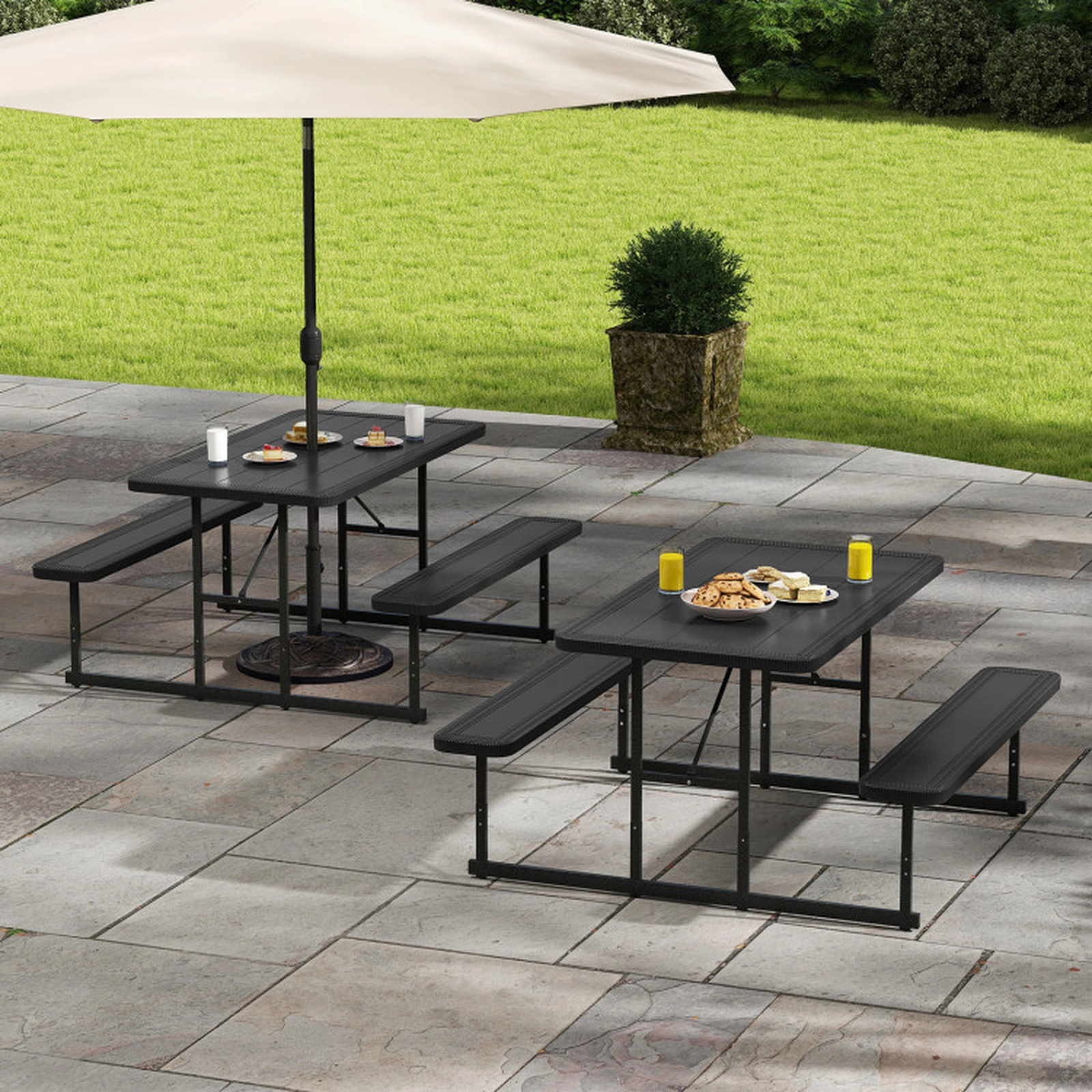 SUGIFT 53-In Black HDPE Picnic Table and Bench Set for 2-4 People