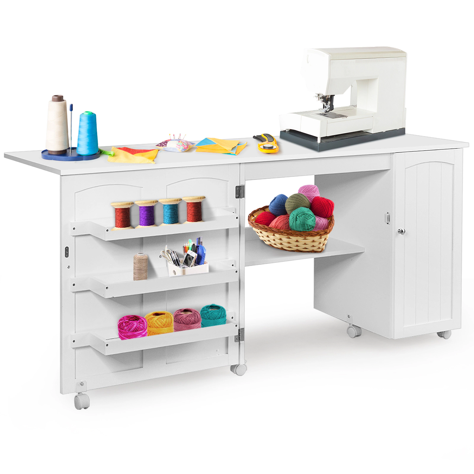 SUGIFT Fold-Out 3 Open Bins Cabinet Rolling Sewing Craft Table Desk 62.5-in x 20-in x 29-in Folds to 38.5-in White
