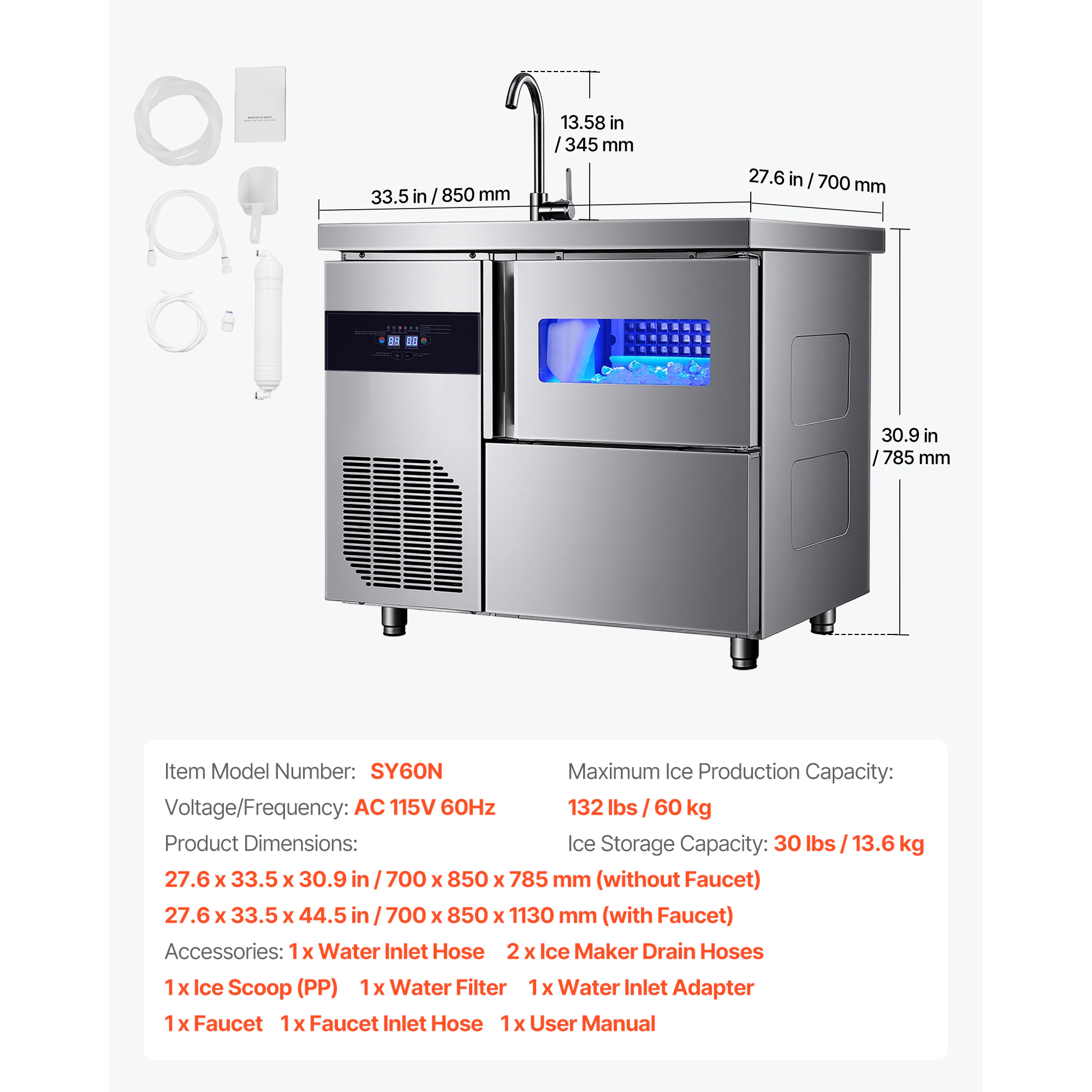 HONGGE Commercial Ice Maker Machine, Stainless Steel Ice Machine with Worktop, Storage & Cubes/Cycle